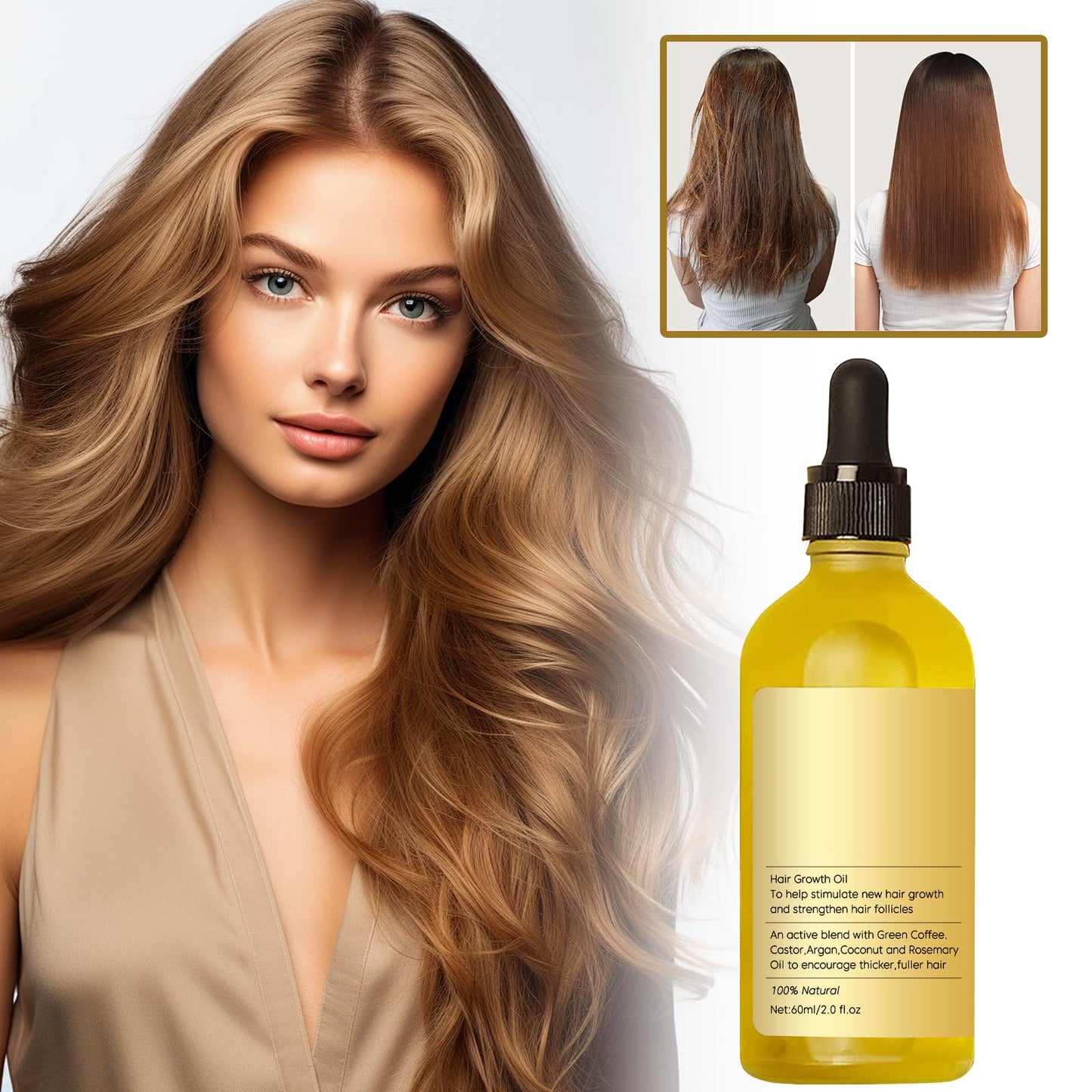 Natural Rosemary Hair Growth Oil - For Dry, Damaged Hair & Thinning Hair - Strengthening & Nourishing Treatment - 2 Fl Oz (60mL)2PCS