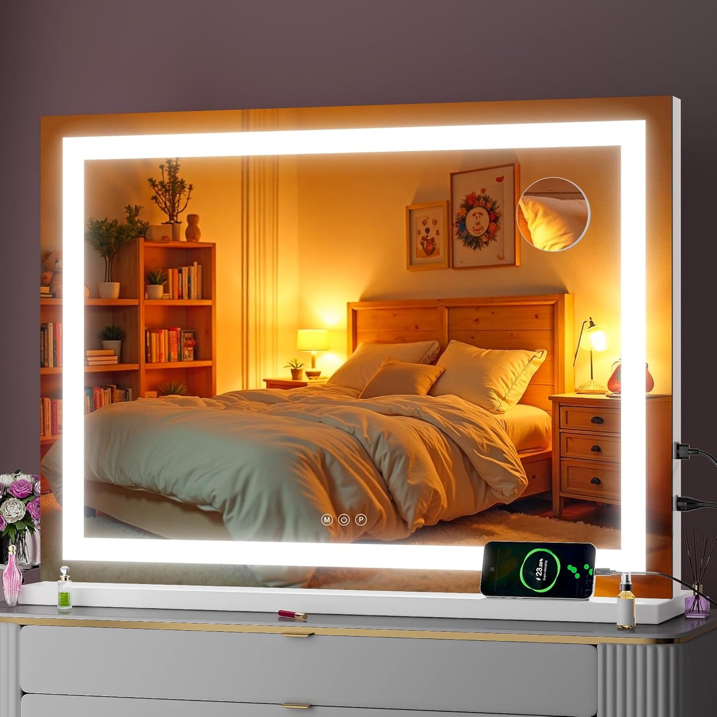 LED Makeup Vanity Mirror with Lights - 32" x 22" | 10X Magnification, Dimmable, Smart Touch, USB Charging