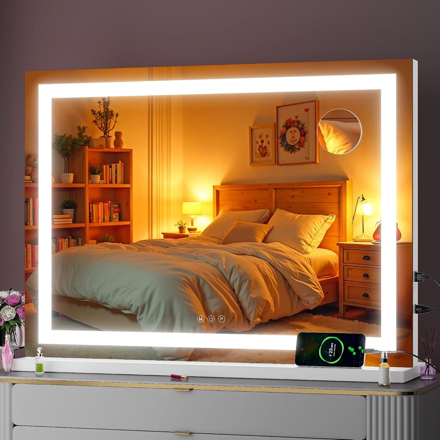LED Makeup Mirror with Lights - 23" x 18" Dimmable Vanity Mirror | 10X Magnification, Smart Touch, USB Charging
