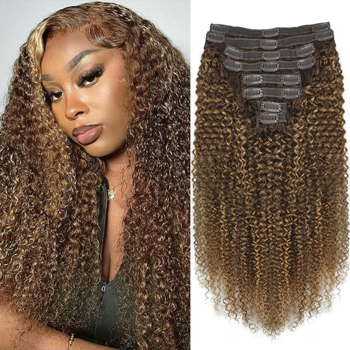 Kinky Curly Clip in Hair Extensions Real Human Hair 4/27/4 Omber Kinky Curly Clip ins For Women 3c 4a Brazilian Virgin Clip on Hair (26inch,#4/27/4)