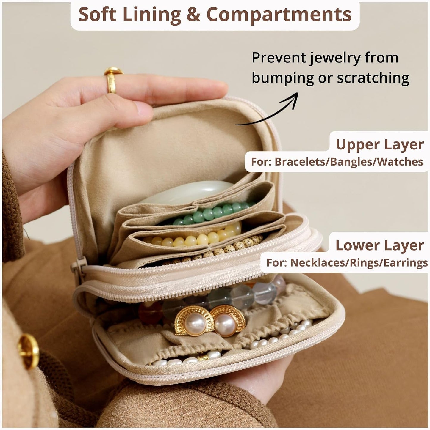 Travel Jewelry Case - Tangle-Free Waterproof Organizer for Valuables | Pink Double Zipper Design