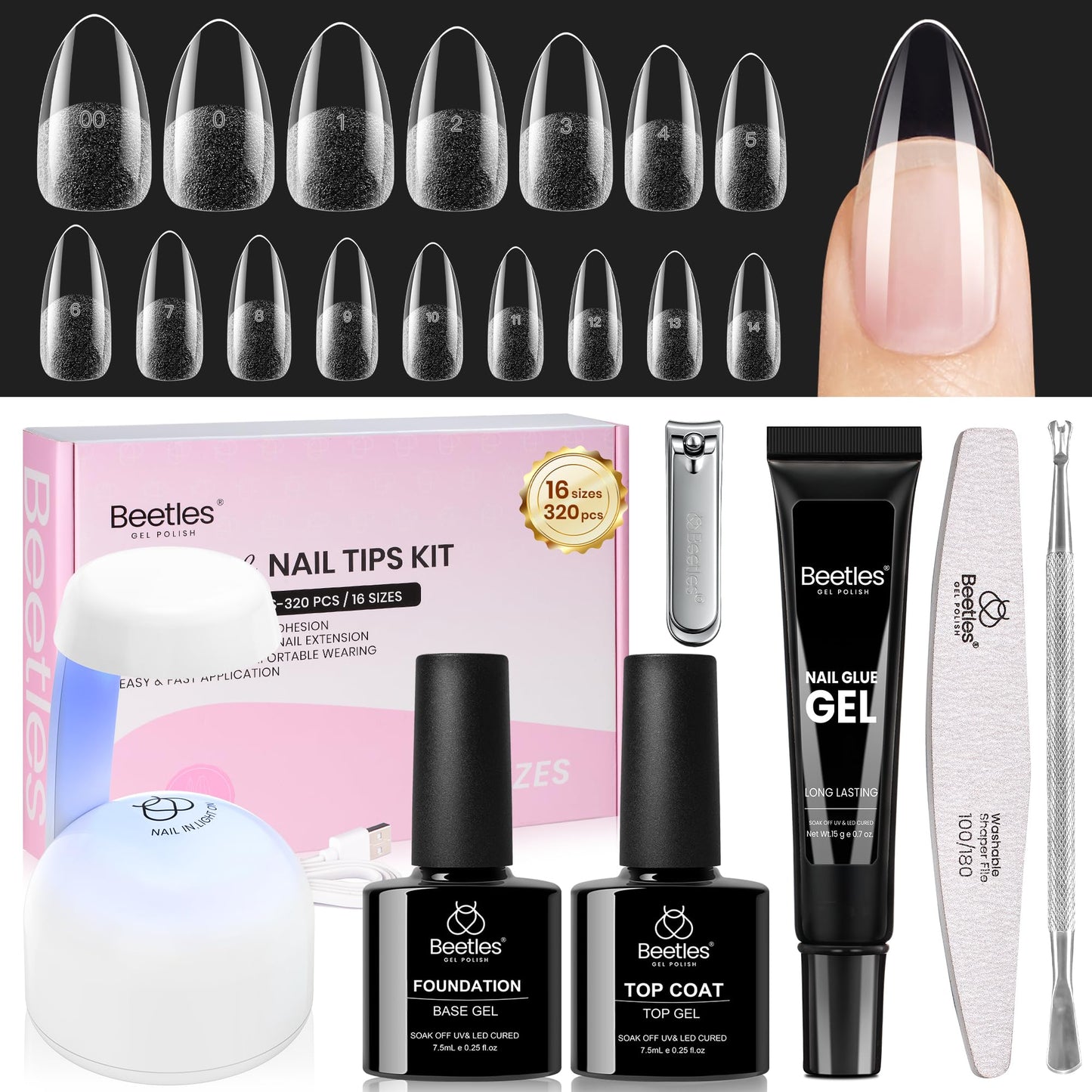 Beetles Gel Nail Kit Flat-X, Almond Medium, 320pcs 16 Sizes Nail Tips, with 15g Nail Glue Gel Hands-Free, 7.5ml Base Gel & Top Coat, Mini Lamp, for Acrylic Press On Nail, Extension DIY Set at Home