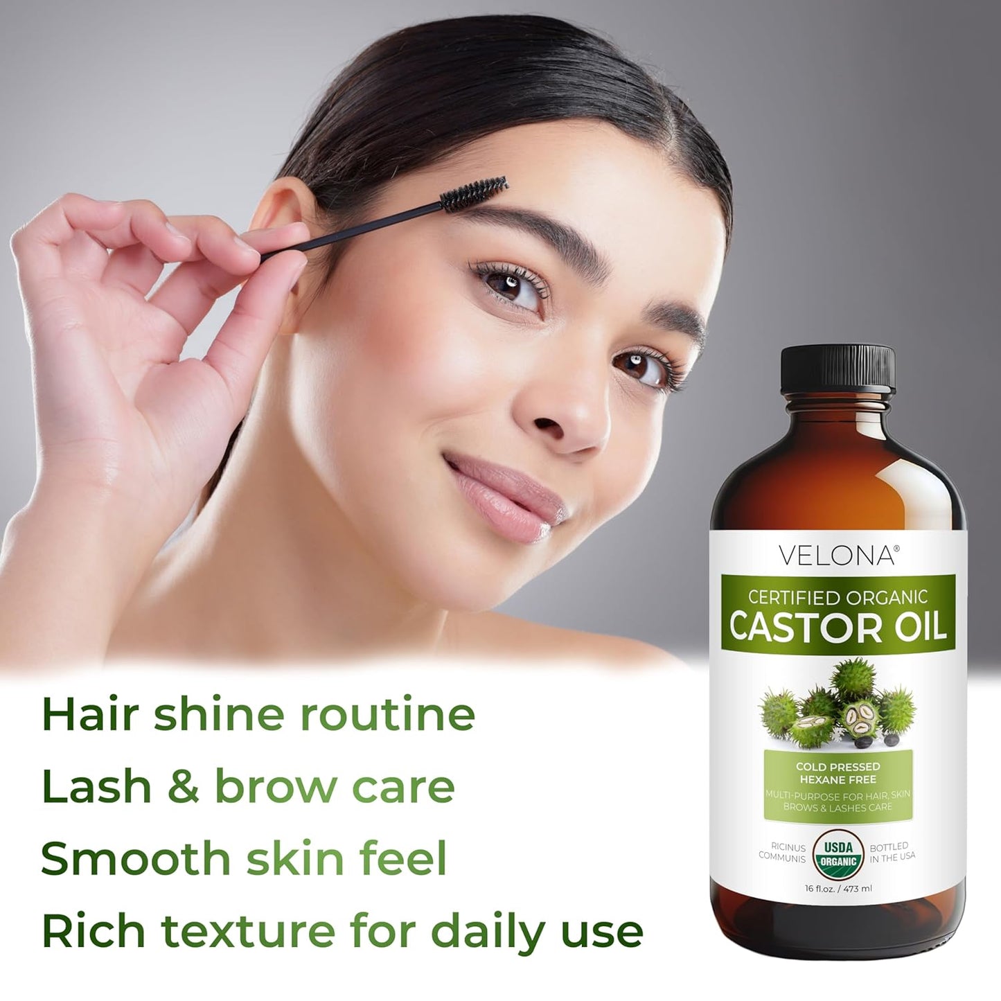Organic Castor Oil - USDA Certified, Cold-Pressed, Hexane-Free | 16 fl oz Glass Bottle for Eyelash & Eyebrow Growth