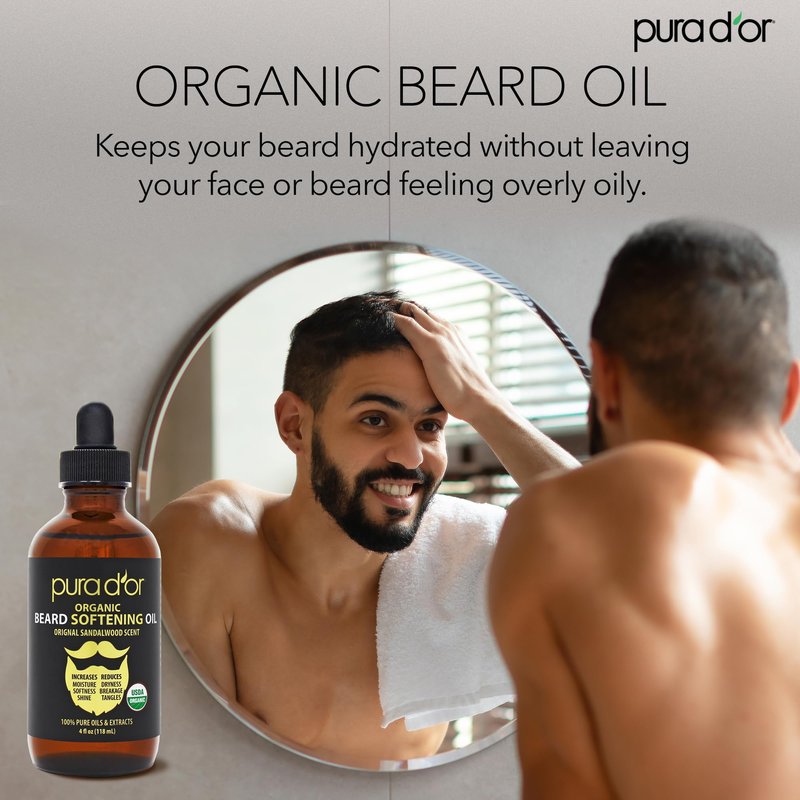 PURA D'OR 4 Oz ORGANIC Beard Softening Oil - Original Sandalwood Scent - Leave-In Conditioner, Argan & Jojoba Oil - Mustache Care & Maintenance, Increase Softness & Strength - Beard Hair, Skin & Face