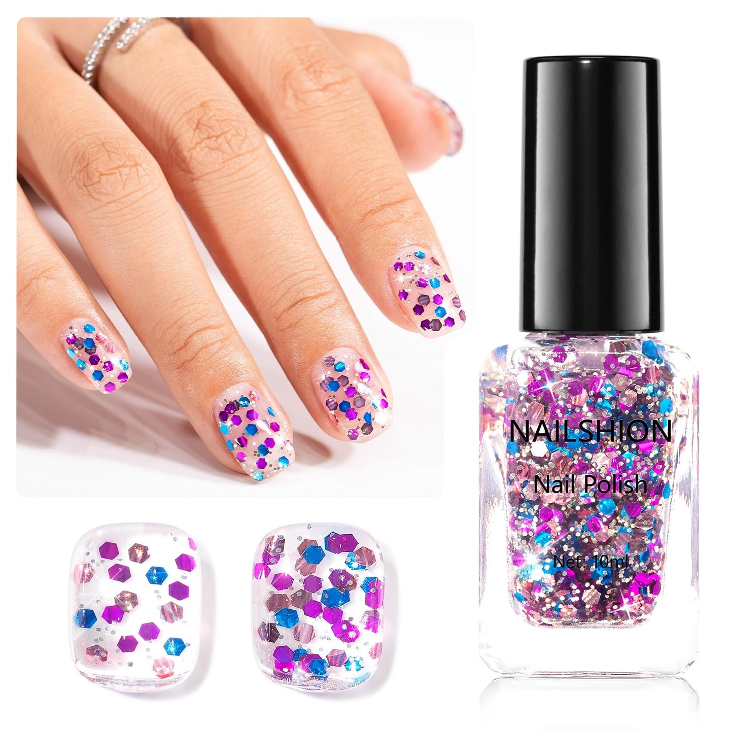 Nailshion Confetti Nail Polish, Purple Blue Rose Gold Glitter Sparkle Nail Polishes with Hexagon Glitter, Rich in Castor Oil, Air Dry No Need U/V Lamp, Iridescent Geometric Nails Art Home DIY Gift