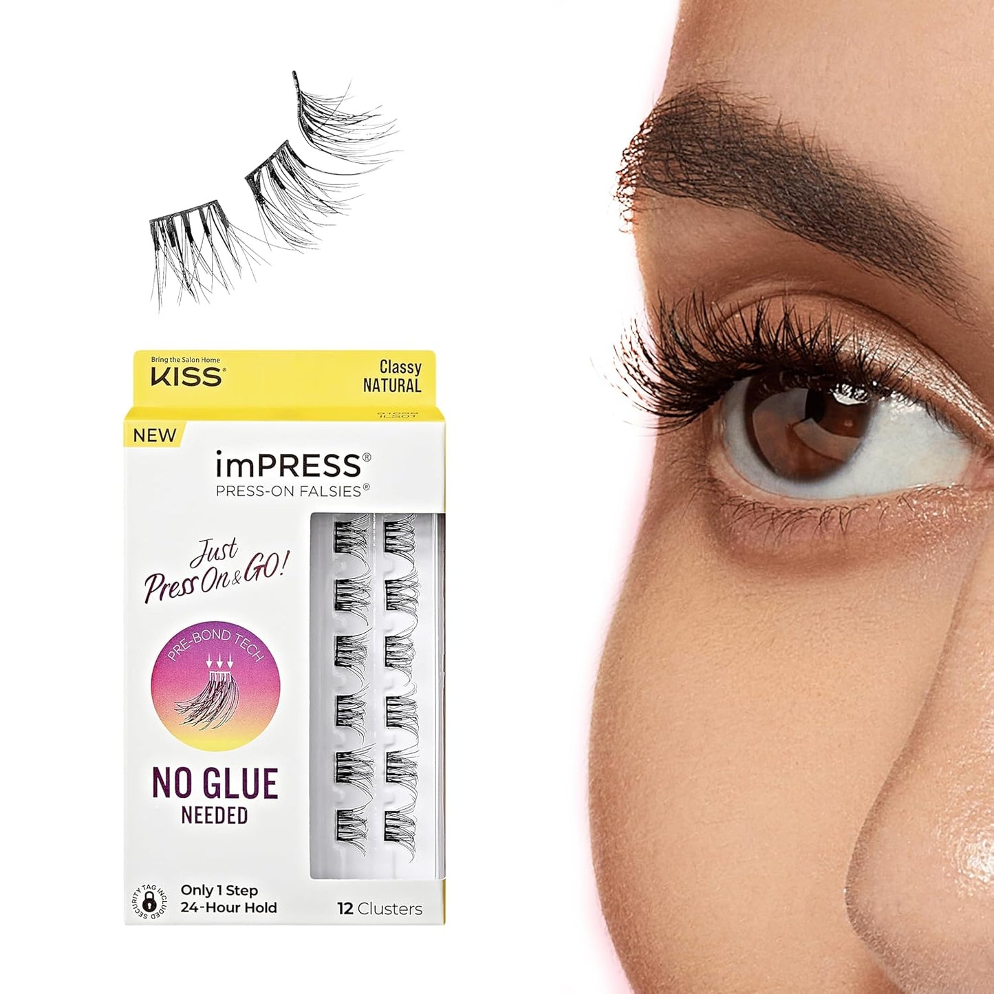 Kiss Impress Falsies Eyelashes - Self-Adhesive Natural Volume Lashes, 10mm-12mm, Black | No Glue, Invisible Band, 12 Clusters