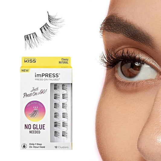 Kiss Impress Falsies Eyelashes - Self-Adhesive Natural Volume Lashes, 10mm-12mm, Black | No Glue, Invisible Band, 12 Clusters