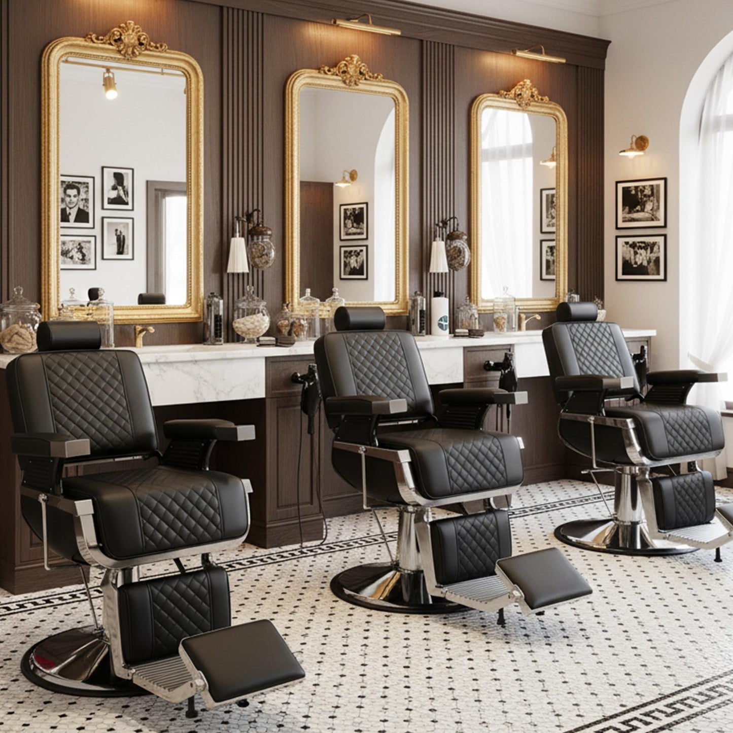 Reclining Barber Chair, Heavy Duty Barber Chair for Barbershop, Hydraulic Barber Salon Chairs, Eisenhower Diamond Stitch PU Leather, Adjustable Headrest & Footrest, 360° Swivel, Black and Silver