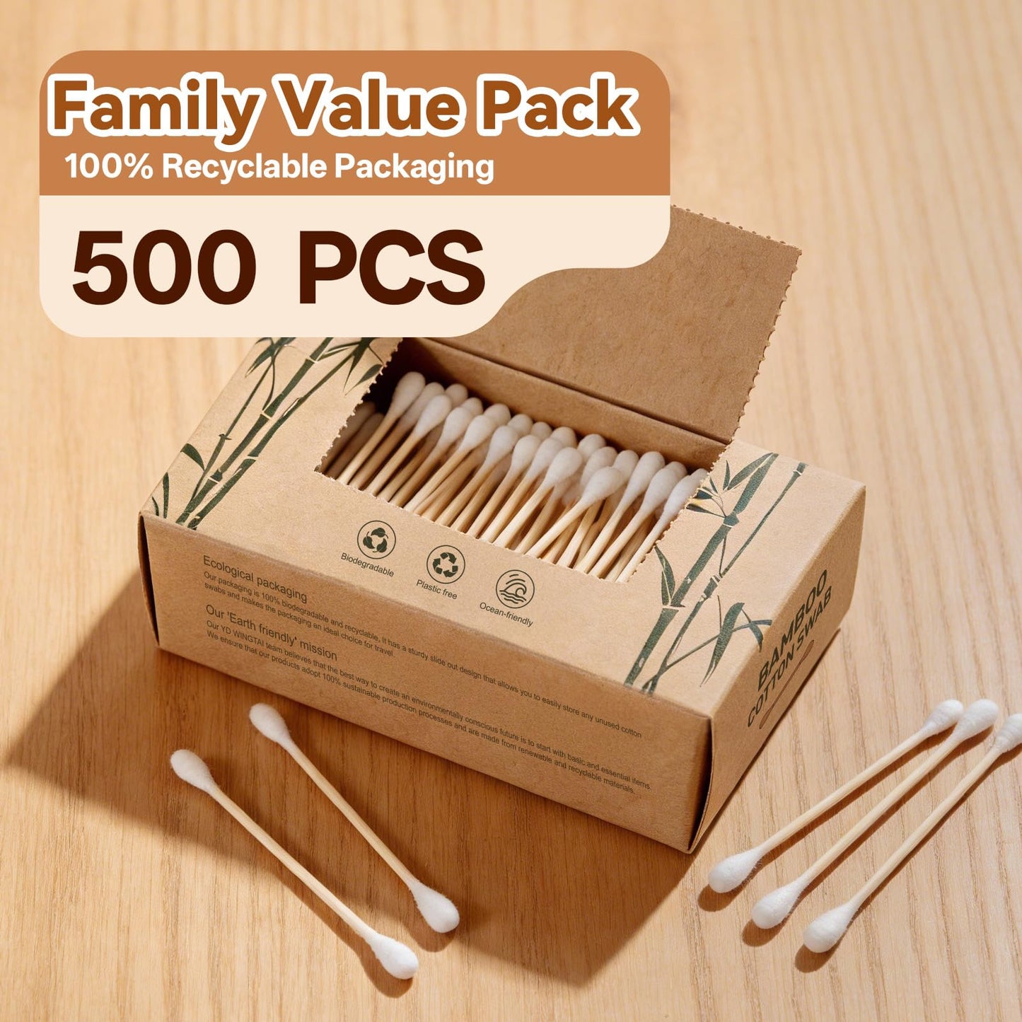 YD WINGTAI Bamboo Cotton Swabs 500 Count Natural Buds 100% Biodegradable Organic Wooden Sticks for Ears Makeup Safety Mouth Travel Clean Skin Club