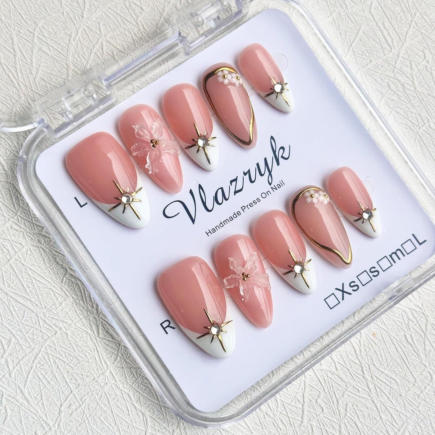 Brown French Tip Press On Nails - 3D Metallic Rhinestones | Medium Almond Reusable Acrylic False Nails (10 PCS)