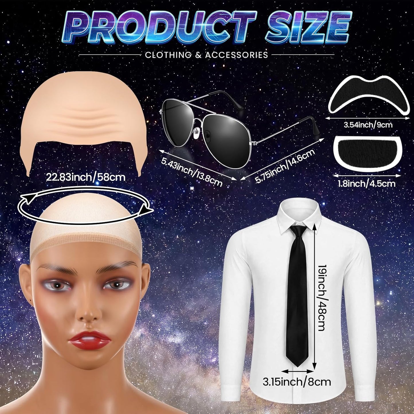 Bald Caps Set - 9 Pcs Costume Accessories for Men & Women | Includes White T-Shirt, Sunglasses, Tie & Mustache