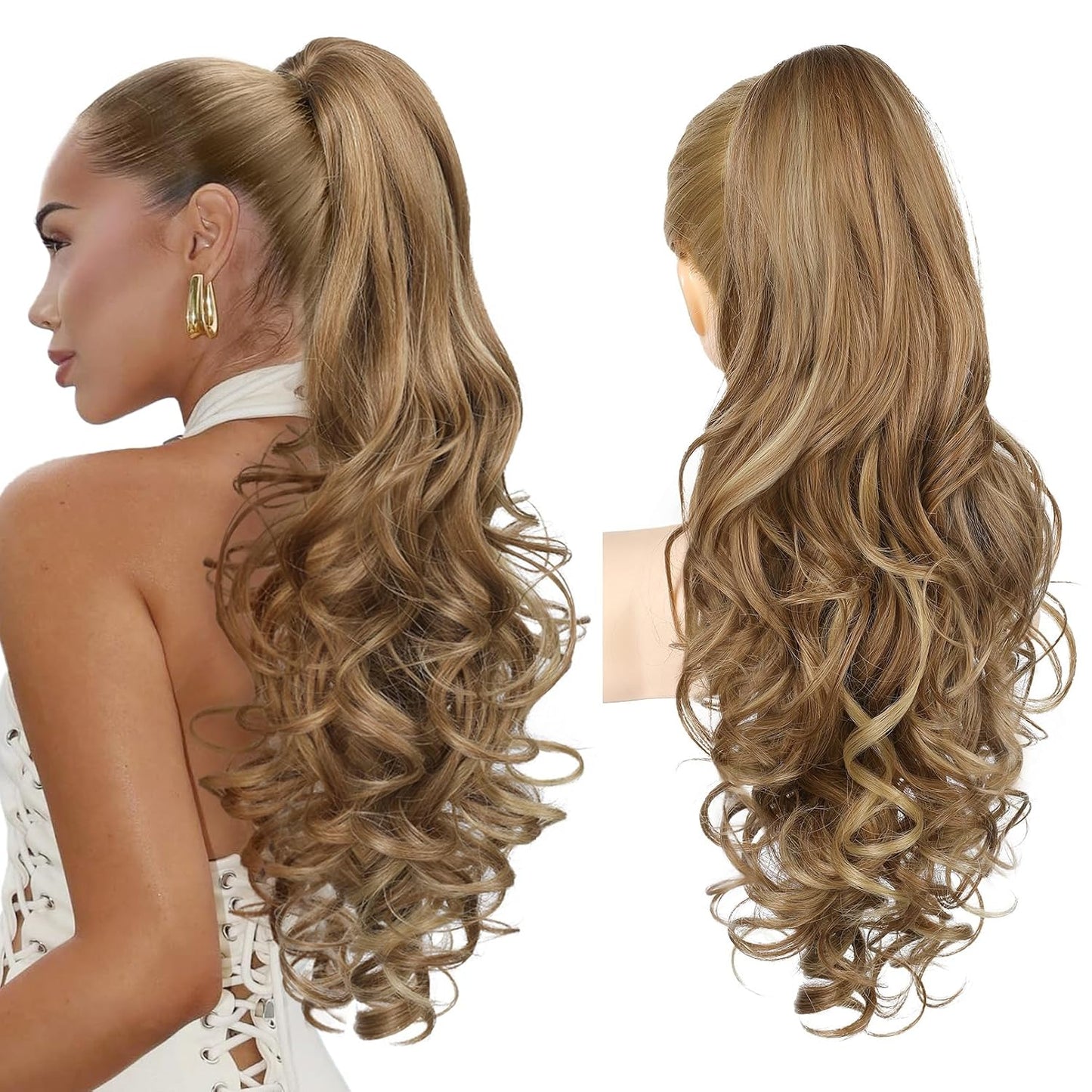 Ponytail Extension - 24" Claw Clip In Long Curly Wavy Hairpiece | Medium Blonde with Highlights