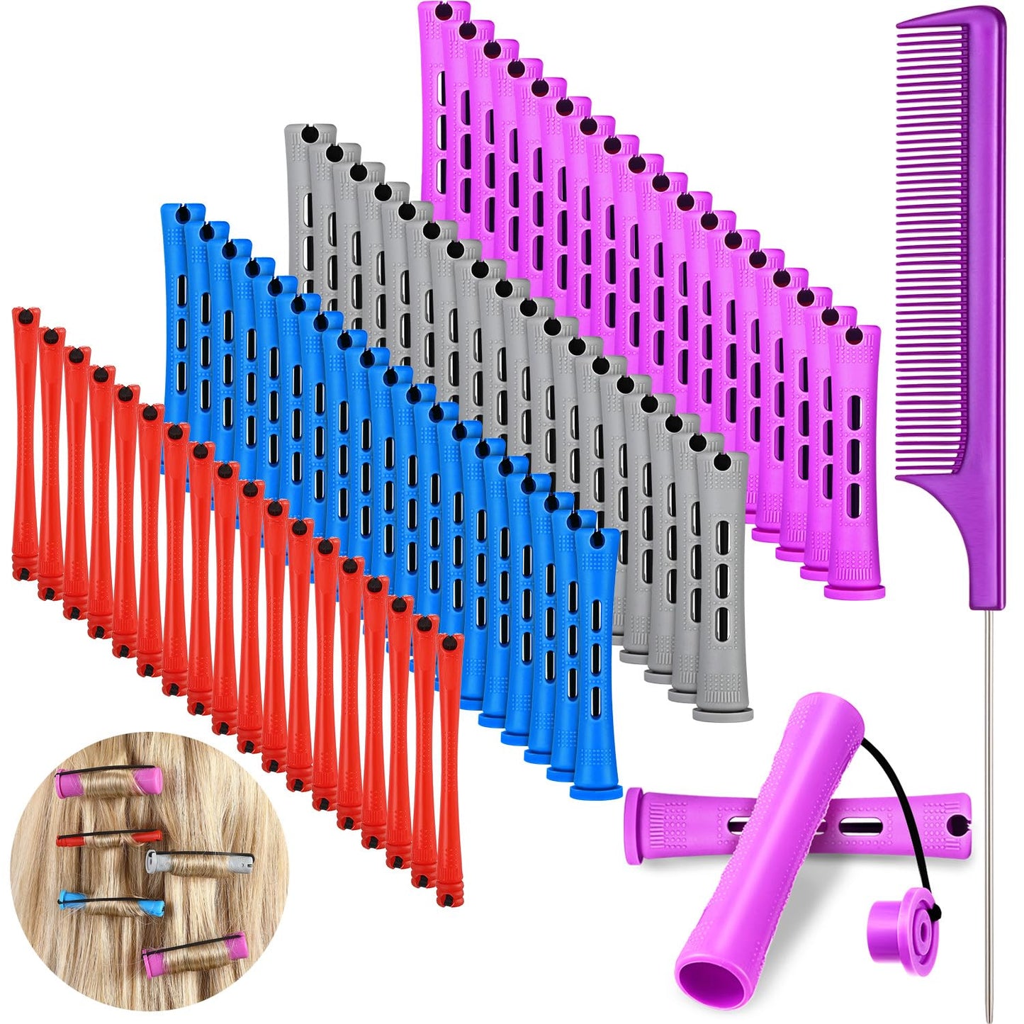 WILLBOND 72 Pieces Hair Perm Rods Set, Short Plastic Perming Rods Cold Wave Roller 4 Sizes Hair Curling Rollers with 1 Piece Steel Pintail Comb for Hairdressing Styling (Short)