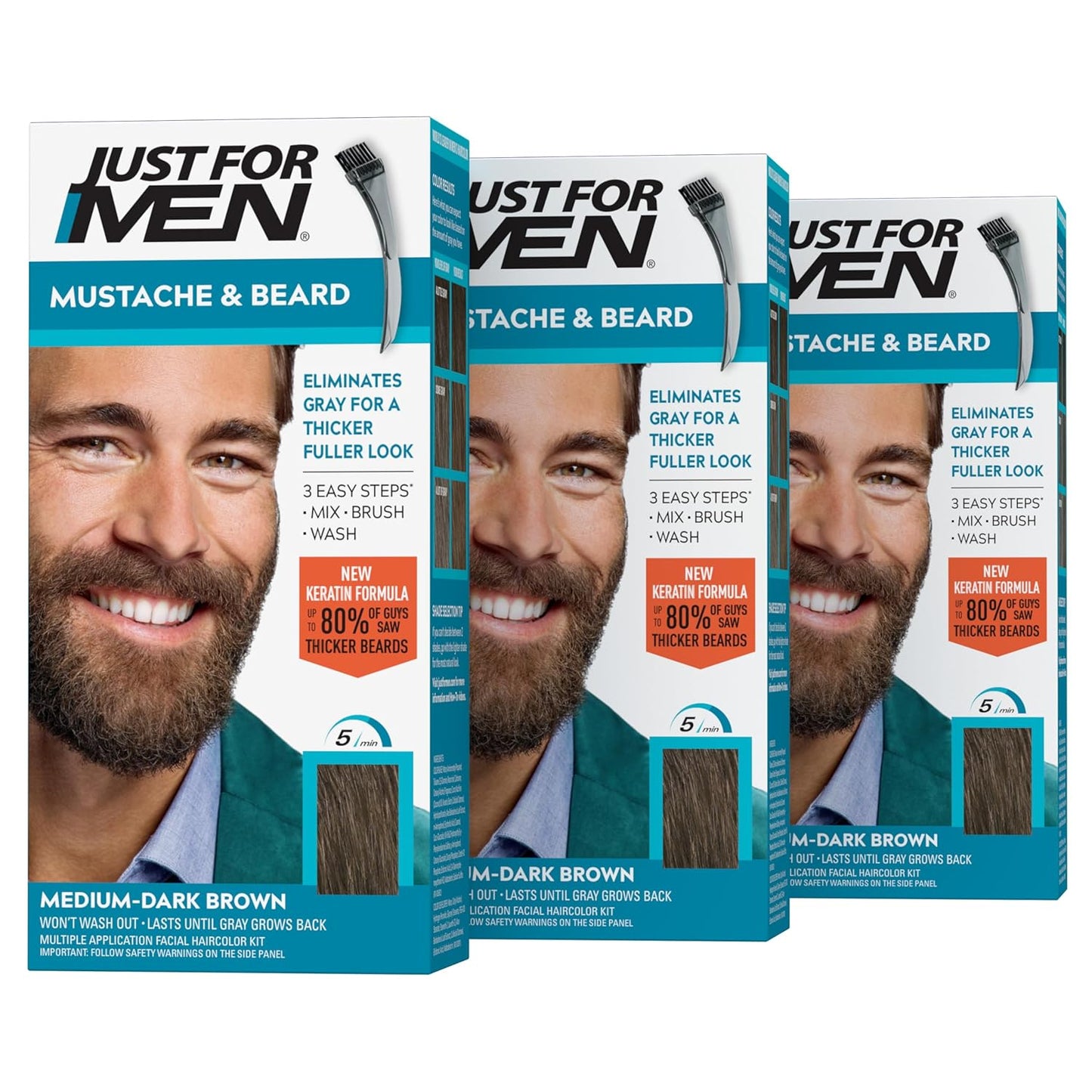 Just For Men Mustache & Beard Color | Gray Hair Beard Coloring with Keratin, Biotin & Aloe - Medium Brown M-35