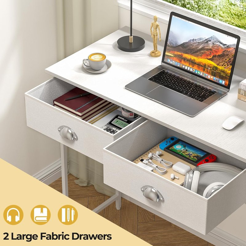 Small Writing Desk for Kids - 31.5 Inch Compact Computer Desk with 2 Fabric Drawers | White