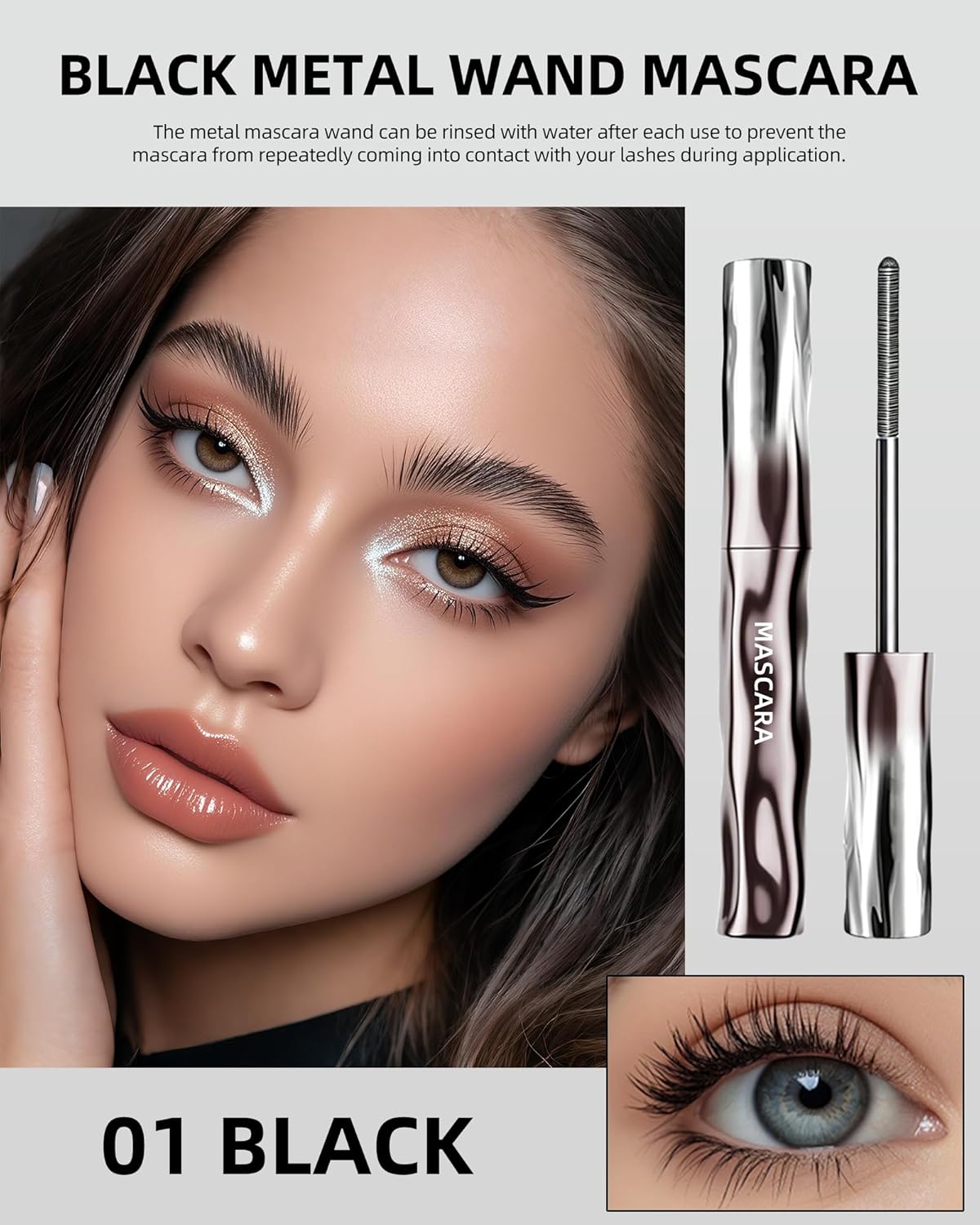 Black Washable Metal Rod Mascara - Waterproof Iron Wand for Volume & Length | 3D Curling, Smudge-Proof Fiber Lash