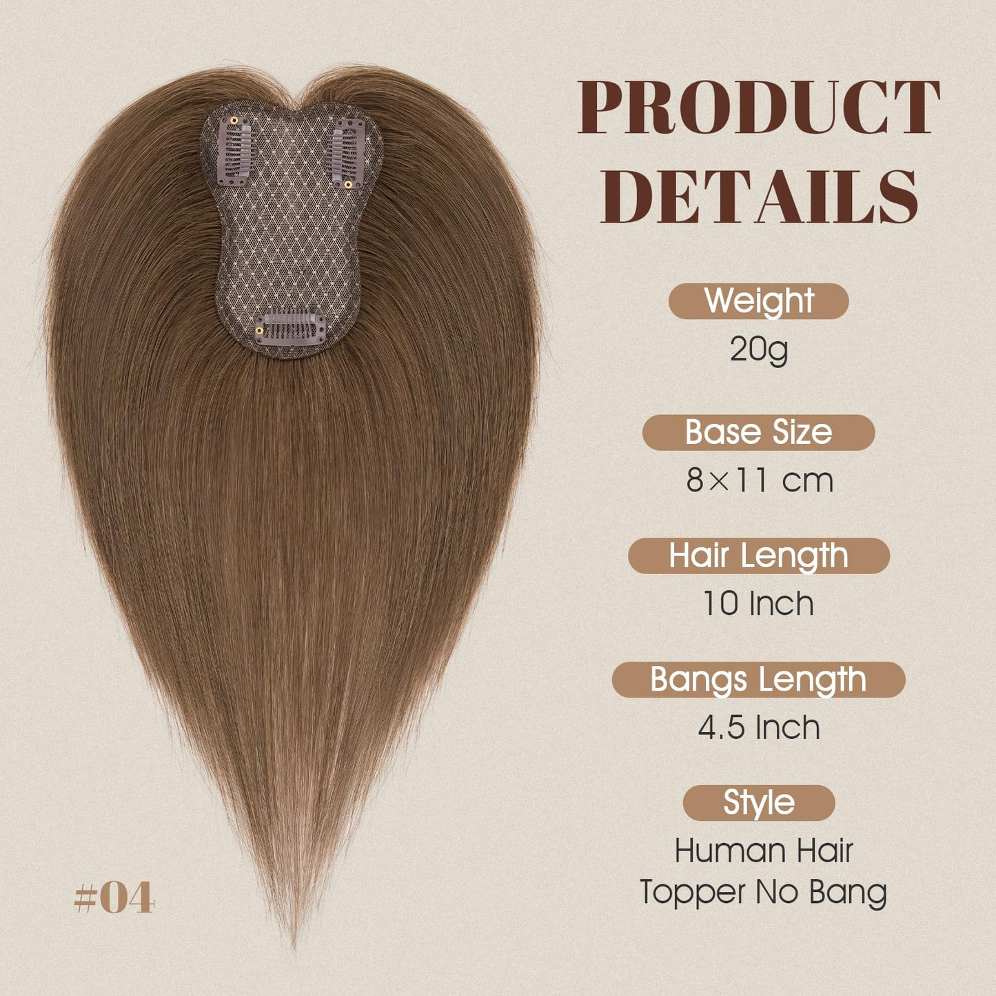 Rich Choices Hair Toppers Real Human Hair for Women 100% Human Remy Toppers With Side Bang Hair Toppers For Thinning Hair No Bang Hairpieces 10 Inch #02 Dark Brown