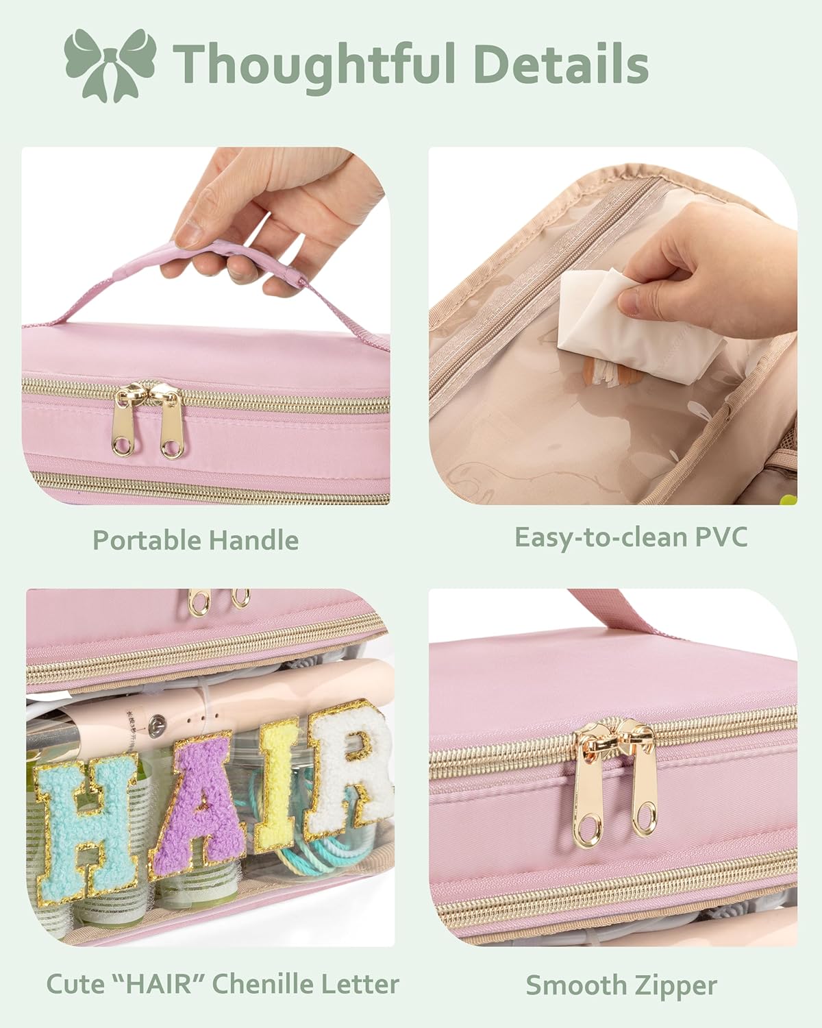Double Layer Hair Accessories Organizer - Preppy Patch Makeup Bag with Chenille Letter | Portable Pink Cosmetic Pouch for Women