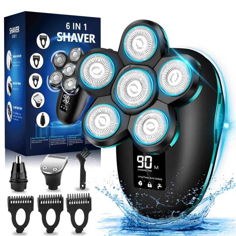 Electric Head Shaver for Bald Men, 6 in 1 Mens Electric Heads Razor Bald Head Shaver Cordless Razor Men, IPX7 Wet/Dry Waterproof Men's Rotary with Shavers Kit LED Display (Green)