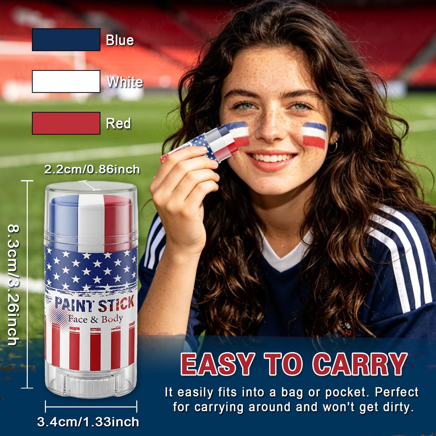 LZXLUKGIR 2PCS Red White and Blue Face Paint Sticks,4th of July USA Face Paint for Independence Day,3 in 1 Colors Face Body Paint Sticks for Soccer,Football,Softball,Baseball Eye Black Stick （01 USA）