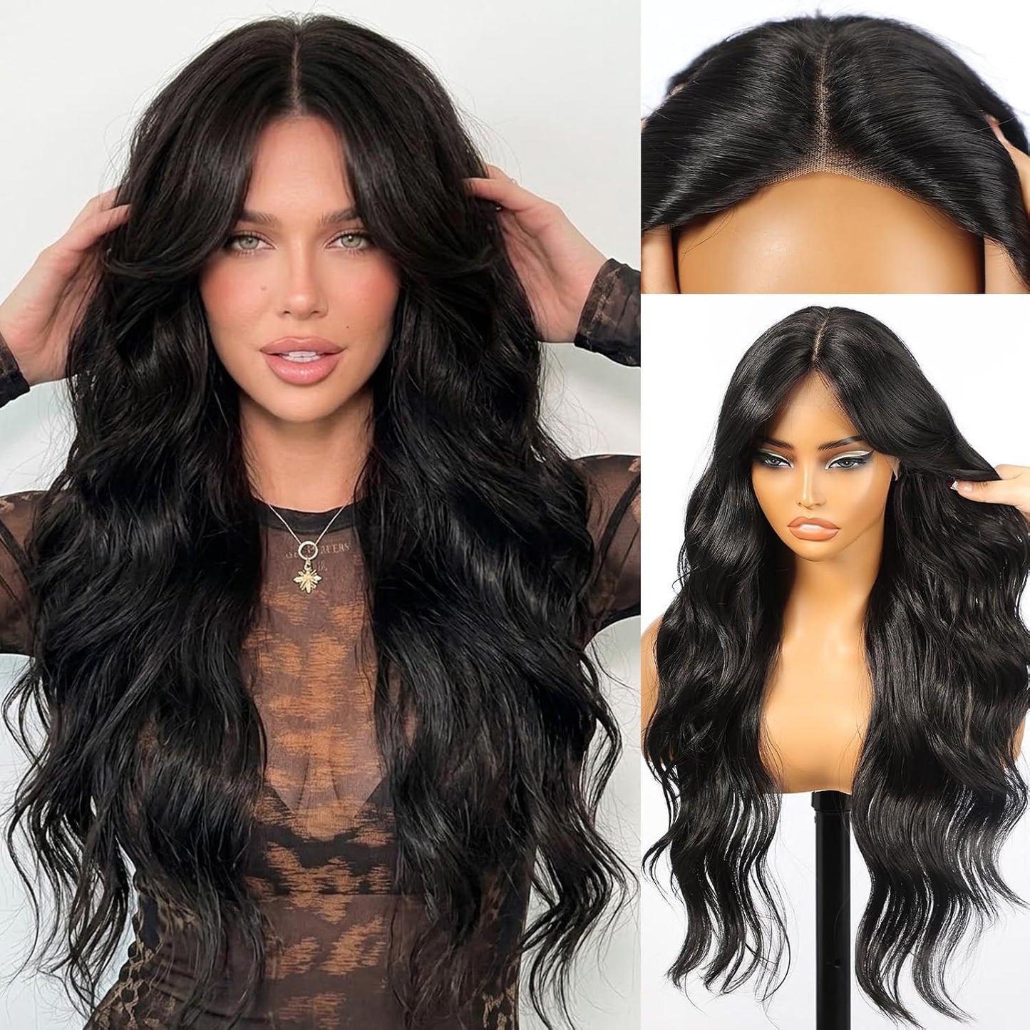 KOME Ash Brown Synthetic Lace Front Wig - T Part Glueless Long Body Wavy Style | 28 Inch with Bangs for Women