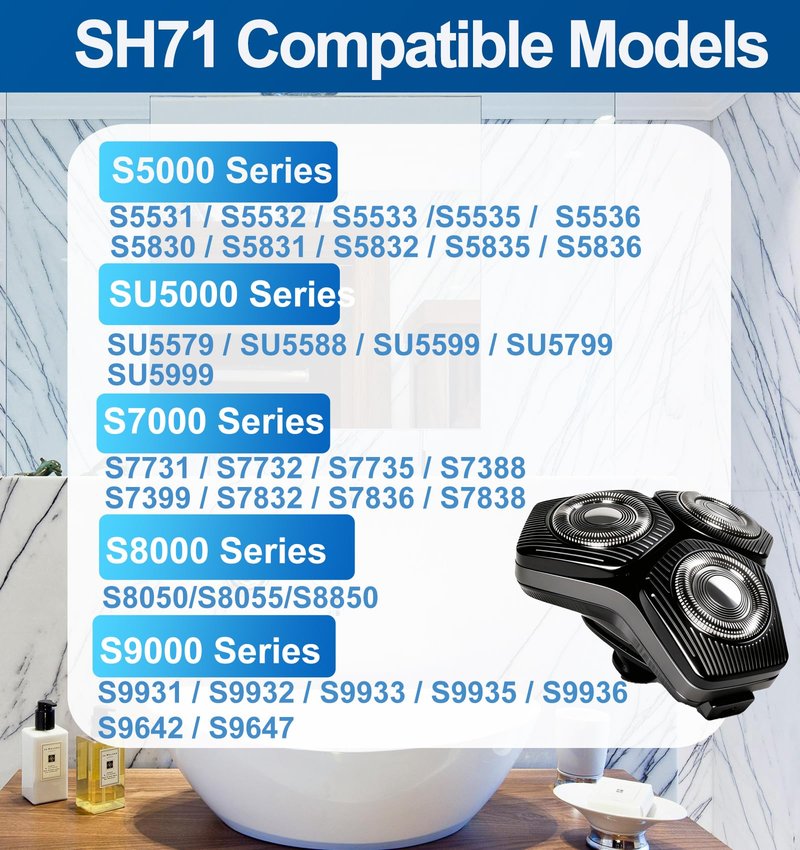 SH71 Complete Replacement Shaving Head compatible with Philips Shavers Series 7000 (S7XXX) and Series 5000 (S55XX)，SH71 Complete Shaver Head with 15 Precision Blades