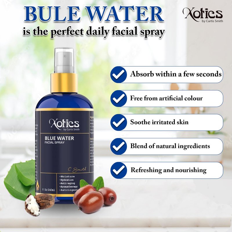Xotics Blue Water Facial Spray - 8oz - Hydrating Face Mist With Aloe Vera - Refreshing Toner for Men & Women, Aftershave, Daily Moisturizing Splash for All Skin Types