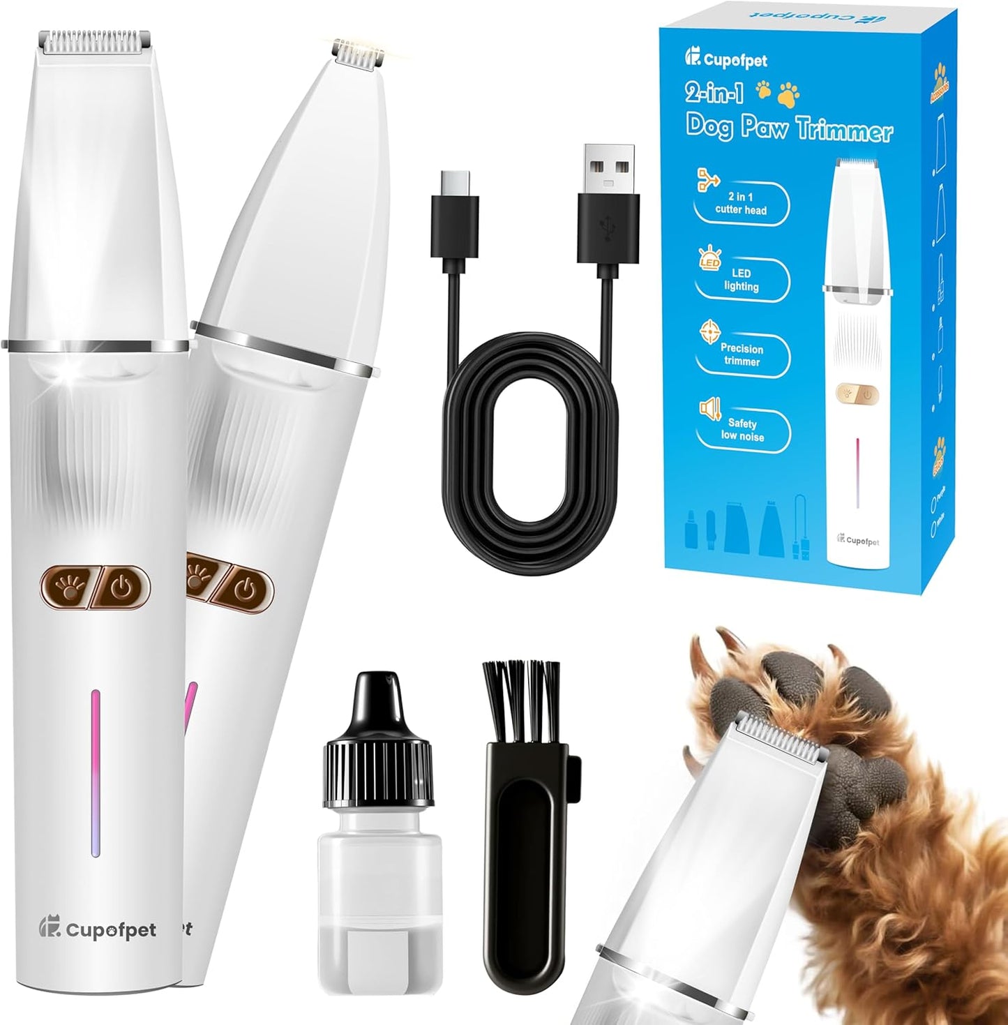 2-in-1 Dog Paw Trimmer - Quiet Cordless Clippers with 2 Speeds | Small Pet Grooming Tool for Paws, Eyes, Ears, Face, Rump - USB-C (White)