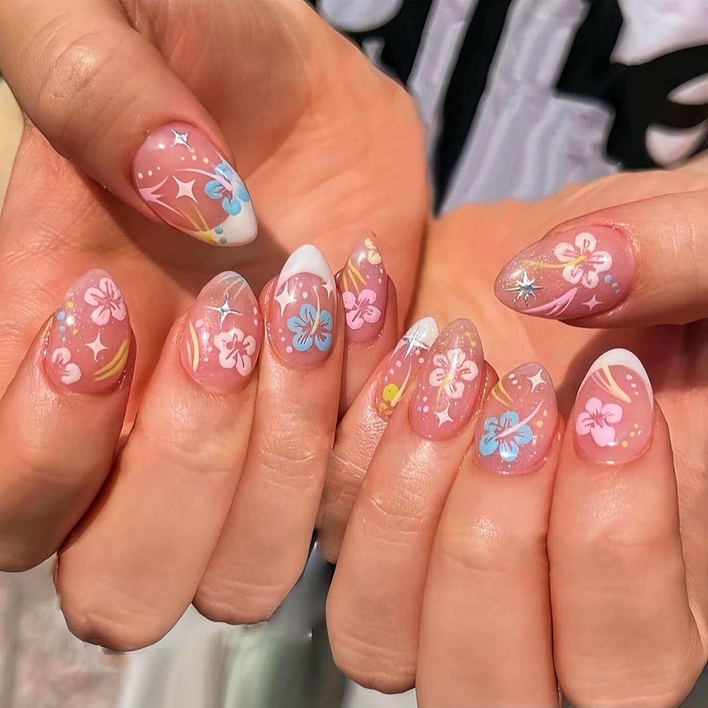 3D Handmade Press-On Nails - Summer Starfish Floral Design | Medium Almond Full Cover Ocean Theme