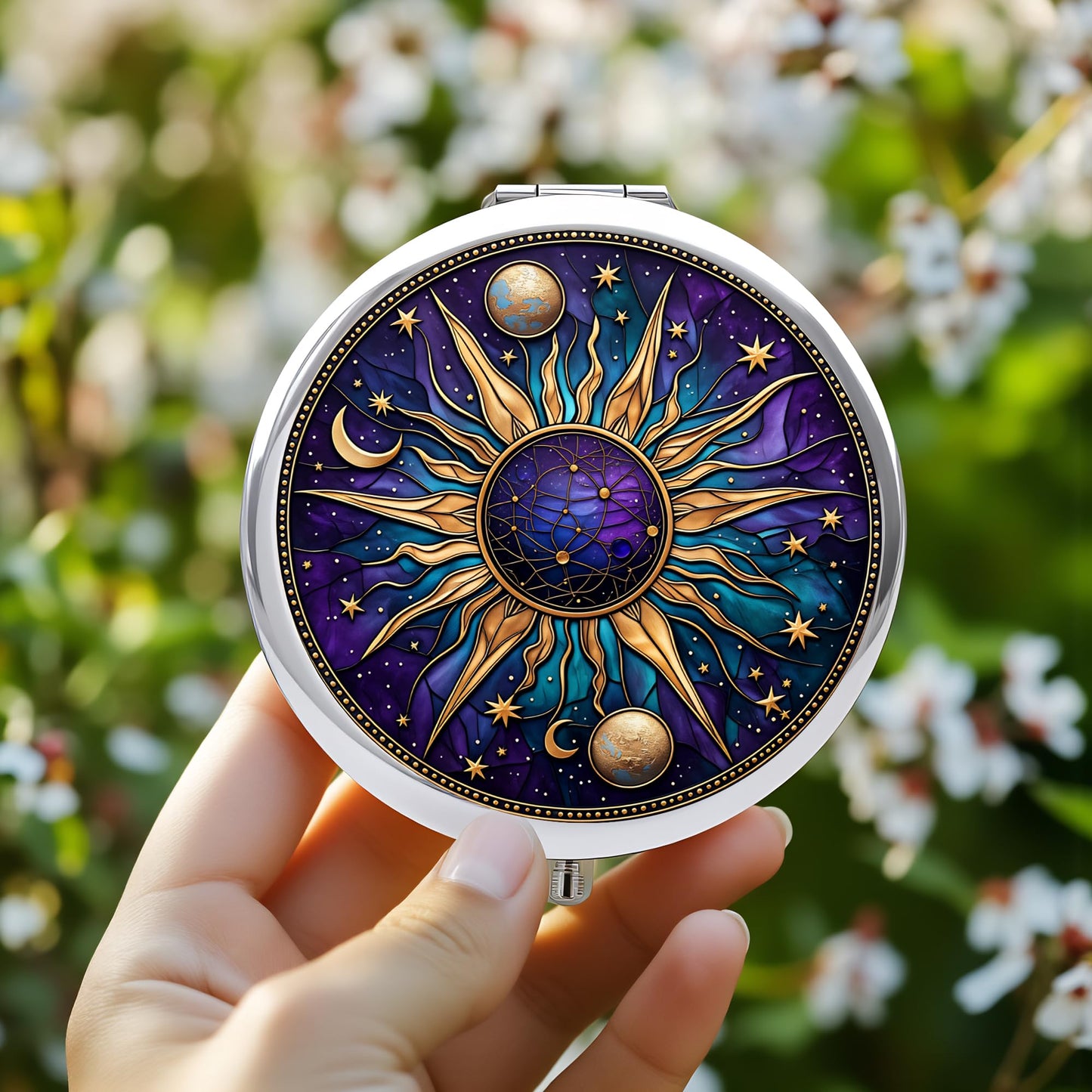 Silver Compact Mirror, 2.8x2.8inch Double-Sided Folding Makeup Mirror with Purple Sun Moon Design, Ideal Gift for Women