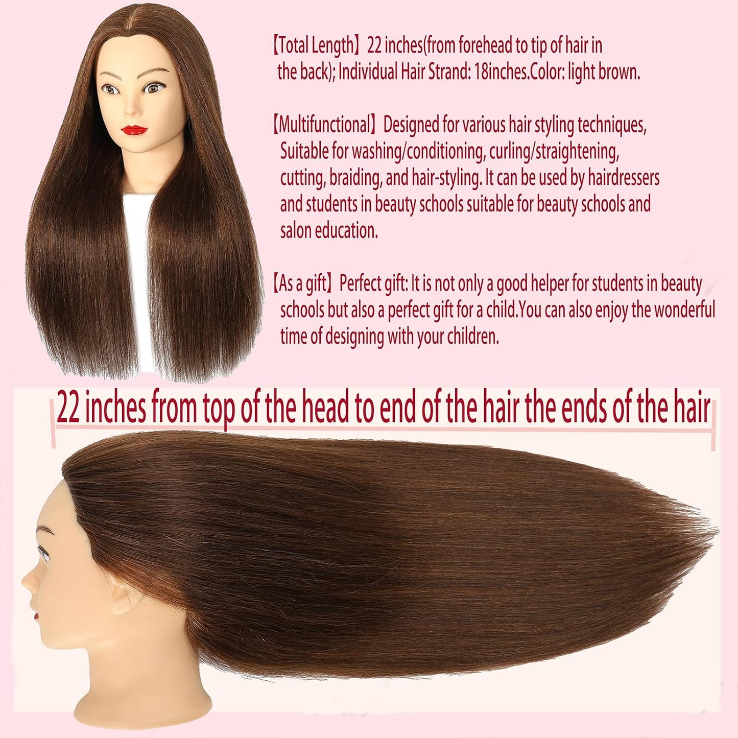 Mannequin Head - 100% Real Hair Cosmetology Training Doll | 20" Nature Brown with Clamp & Comb