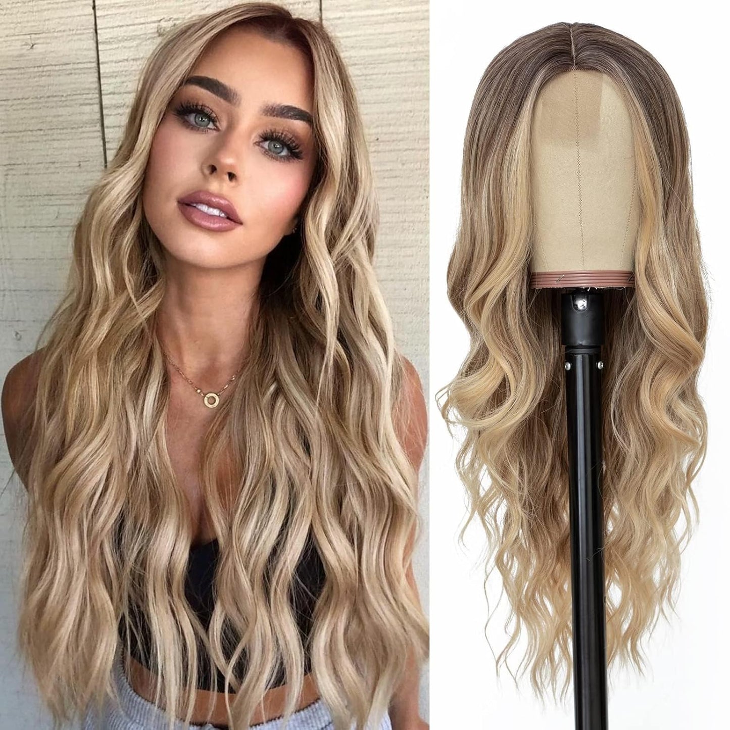 NAYOO Brown Wigs for Women - Long Curly Wavy Hair | Heat Resistant Synthetic Fiber, 24 Inches