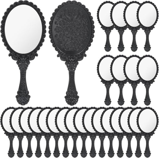 Vintage Handheld Makeup Mirrors - 24 Pack Black Floral Design | Portable Travel Cosmetic Mirrors for Women