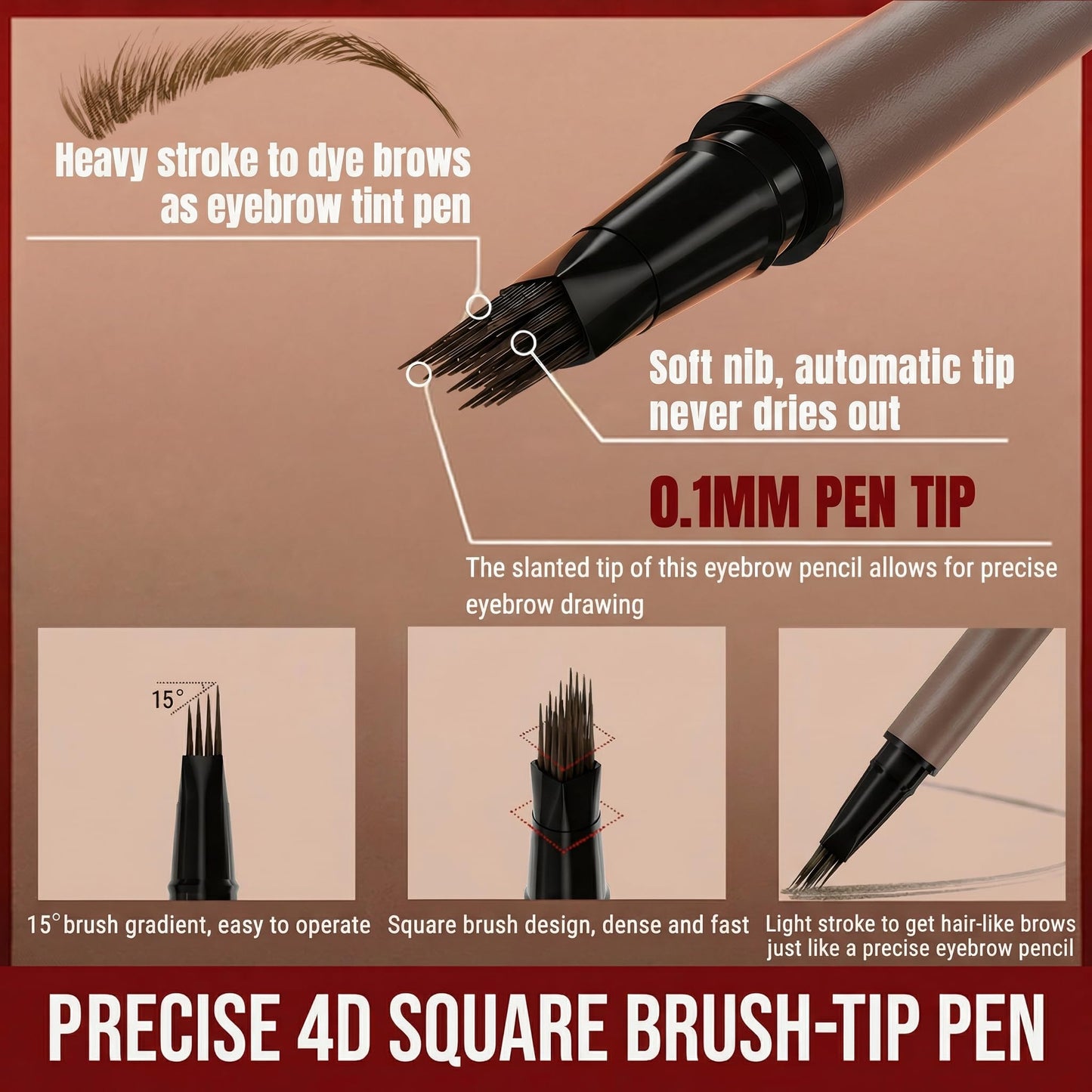 Eyebrow Pencil for Women, 2-in-1 Microblading Eyebrow Pen with 4D Square & Ultra-Fine Tips, Waterproof Long-Lasting Brow Pencil, Hair-Like Strokes for Natural Fuller Brows with Brow Brush, Light Brown