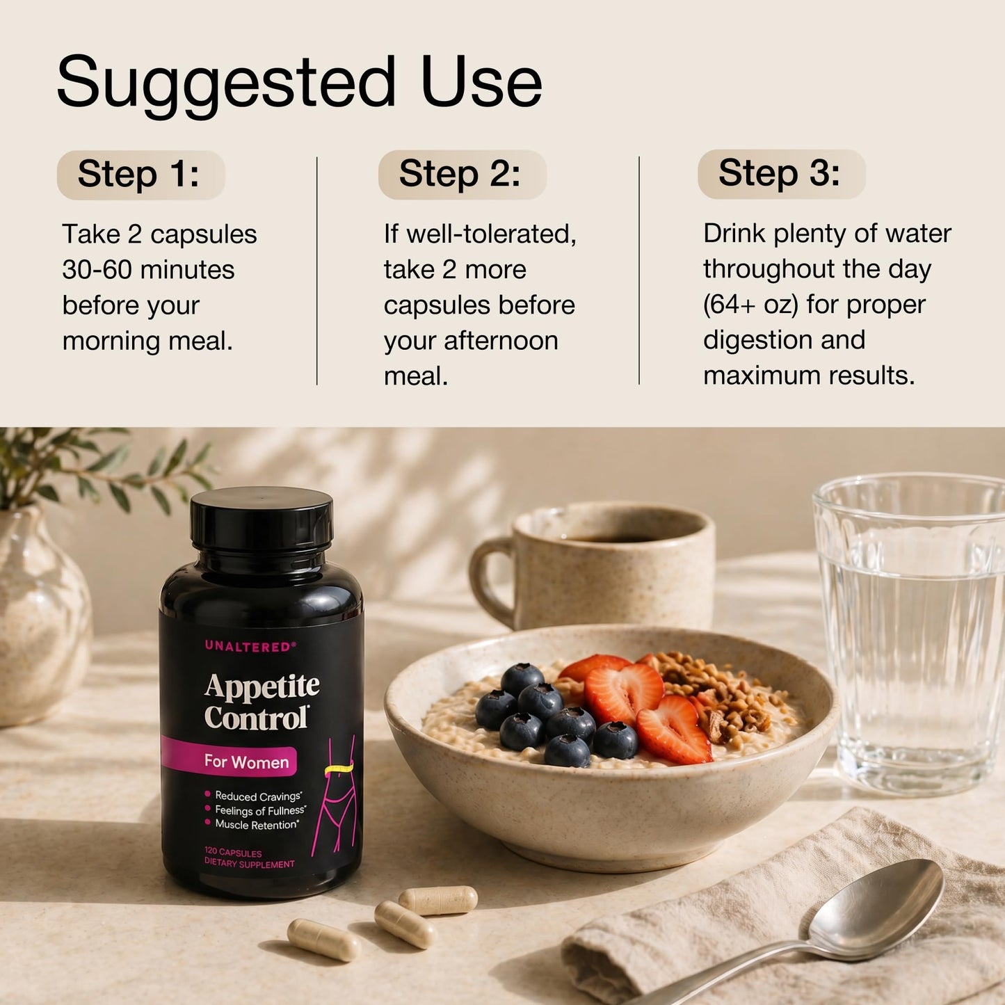 UNALTERED Appetite Control for Women - Support Cravings, Fullness, & Weight Management - Dietary Supplement with Chromium Picolinate & Glucomannan - 120 Vegan Capsules
