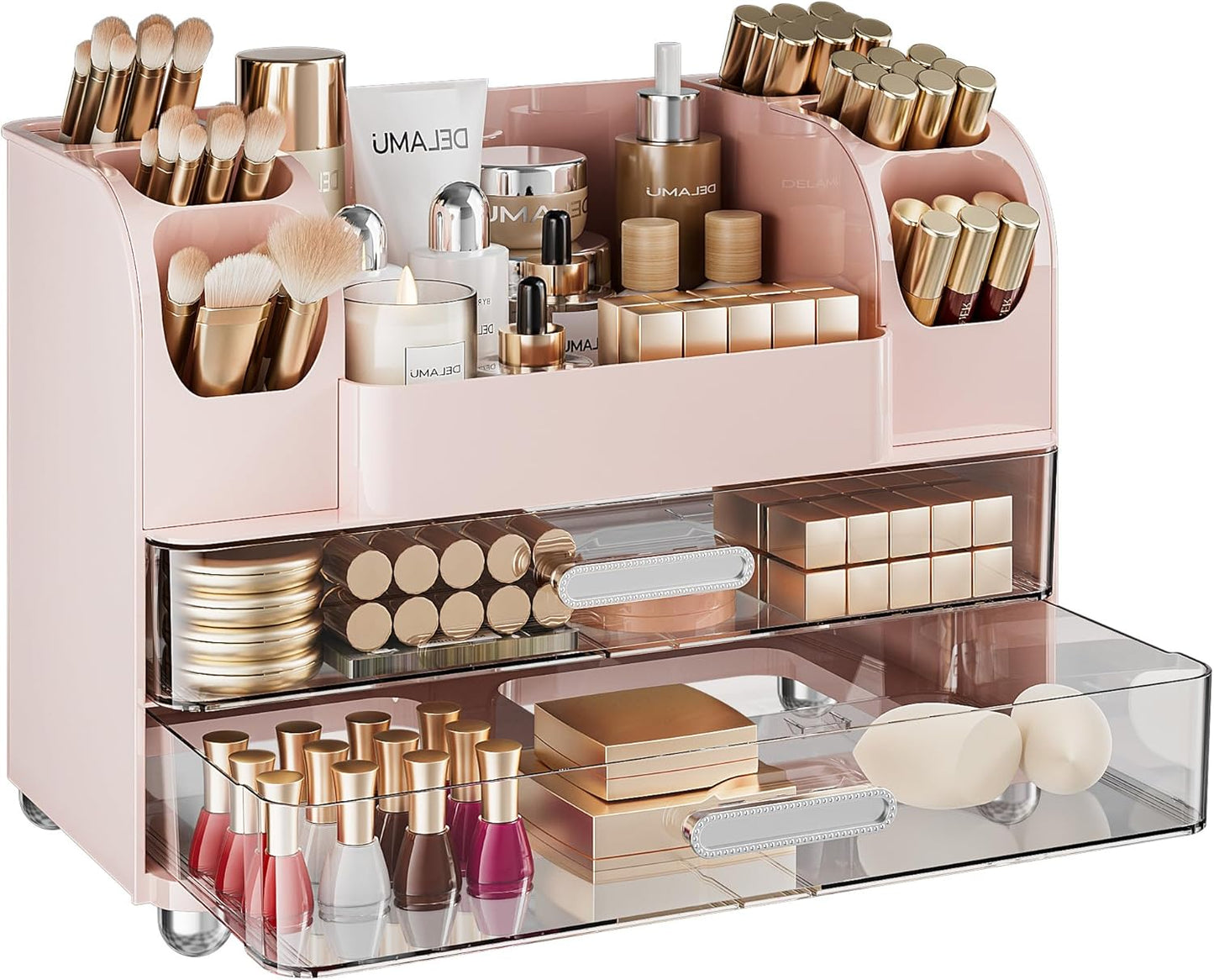 Large Makeup Organizer - 6 Brush Holders & 2 Drawers | White Vanity Storage for Skincare, Lipsticks, and More