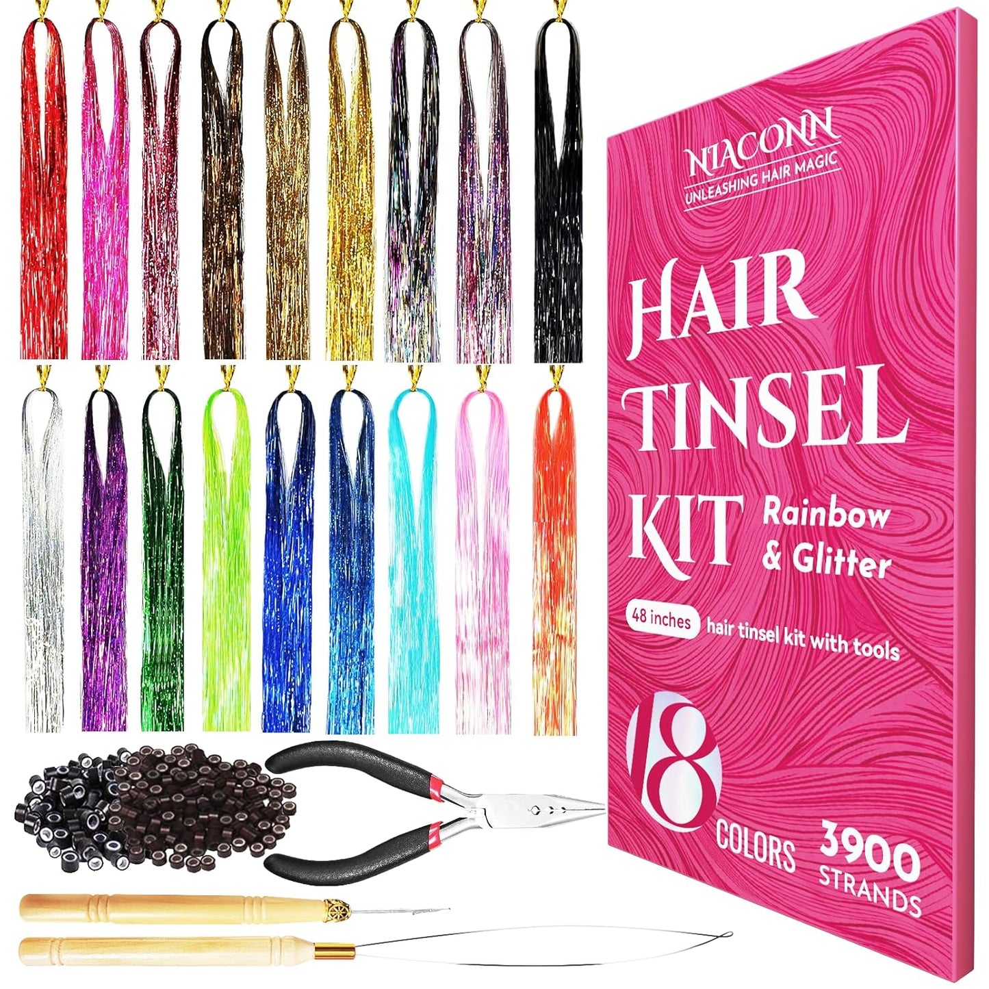 Glitter Hair Tinsel Extensions Kit - 18 Colors, 48 Inch Sparkly Strands | Shiny Hair Accessories for Women, Girls & Kids