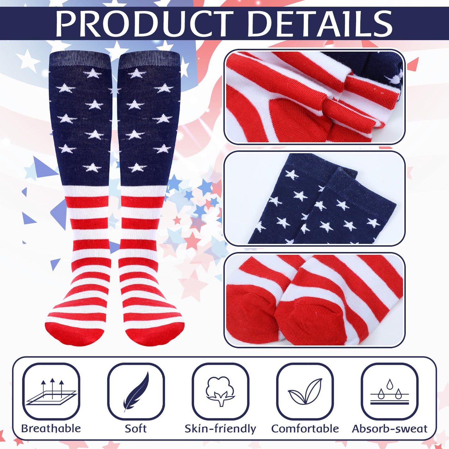 Panitay 12 Pcs 250th Sport Accessories 6 Softball Soccer Socks 6 Glitter Eye Black Stickers for Youth Women Adult Supplies