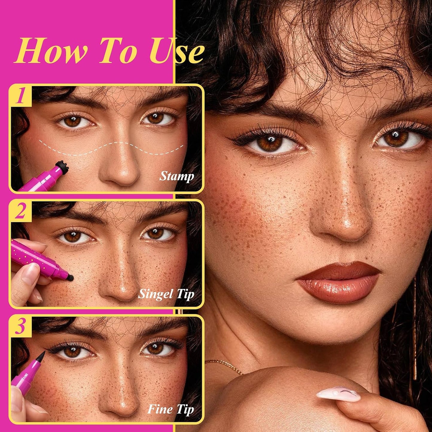 Dual Ended Freckle Stamp Pen - 2 Pcs Soft Sponge & Precision Tip | Waterproof Faux Freckle Eyeliner #03 Caramel Brown