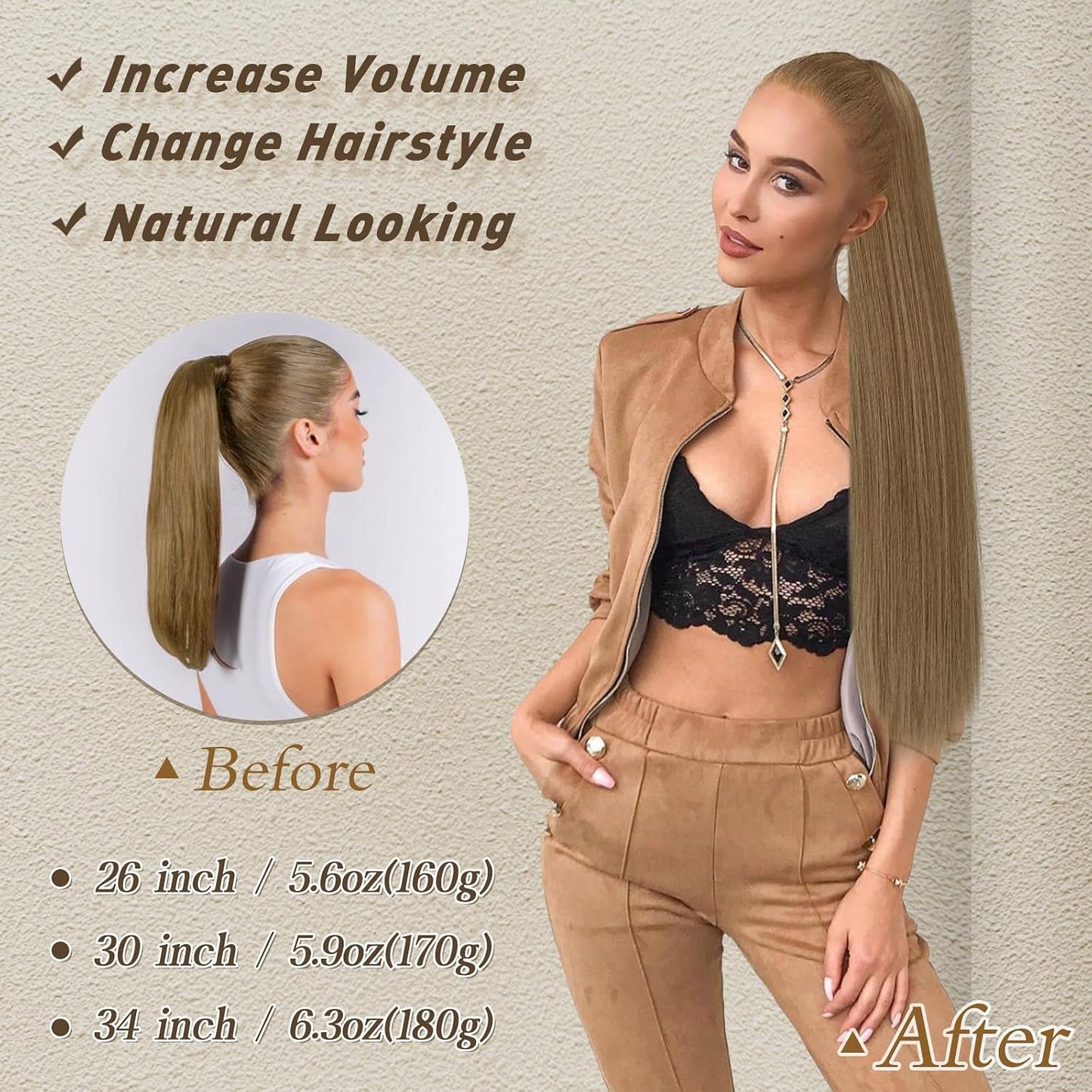 Long Straight Ponytail Extension - 26 Inch Brown Synthetic Clip-In Hairpiece for Women | Light Brown Mixed