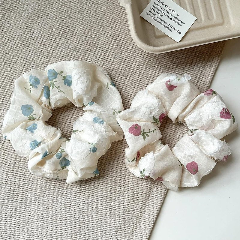 Vintage Floral Scrunchie Set - Romantic Rose Print Hair Ties | Soft Elastic Hair Bands for Women