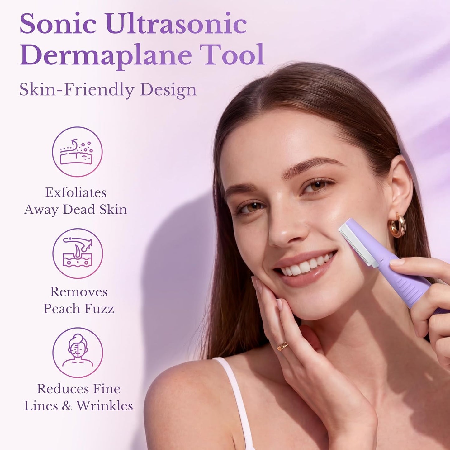 Sonic Dermaplaning Tool - Facial Exfoliation & Peach Fuzz Removal | 12 Blades, 3 Speeds, Purple