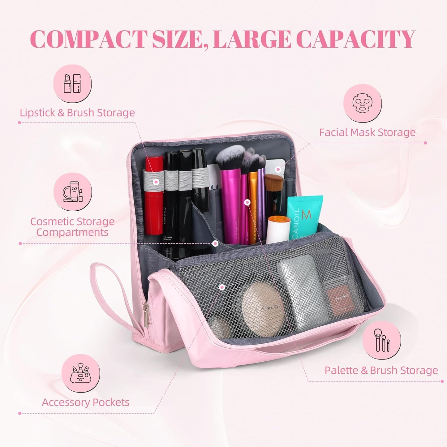 Portable Leather Makeup Bag - Waterproof Travel Cosmetic Organizer with Compartments | Large Capacity - Pink