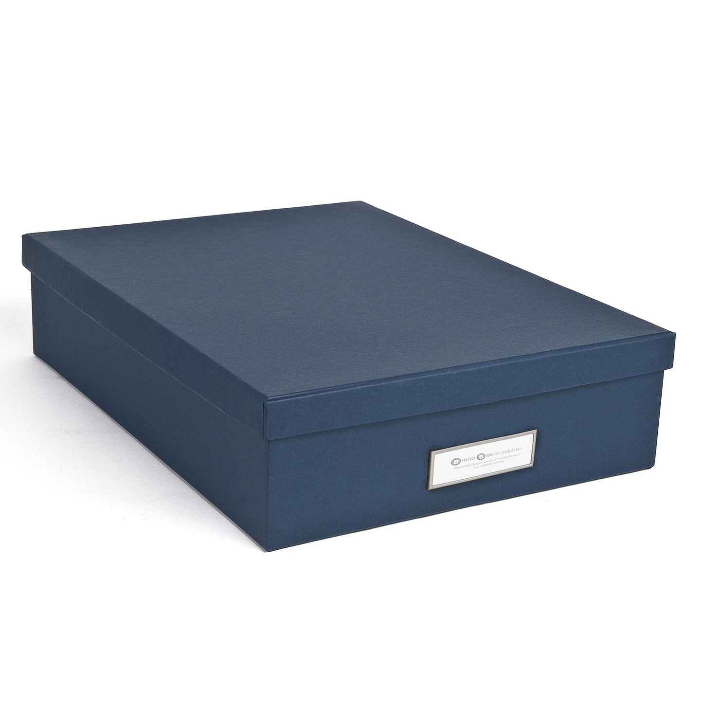 Bigso Oskar Fiberboard Label Frame Document Letter Box - File Organizer Box for Important Paperwork - Document Storage with a Lid & Metal Label Window - 3.3 in x 10.2 in x 13.8 in - Dark Blue