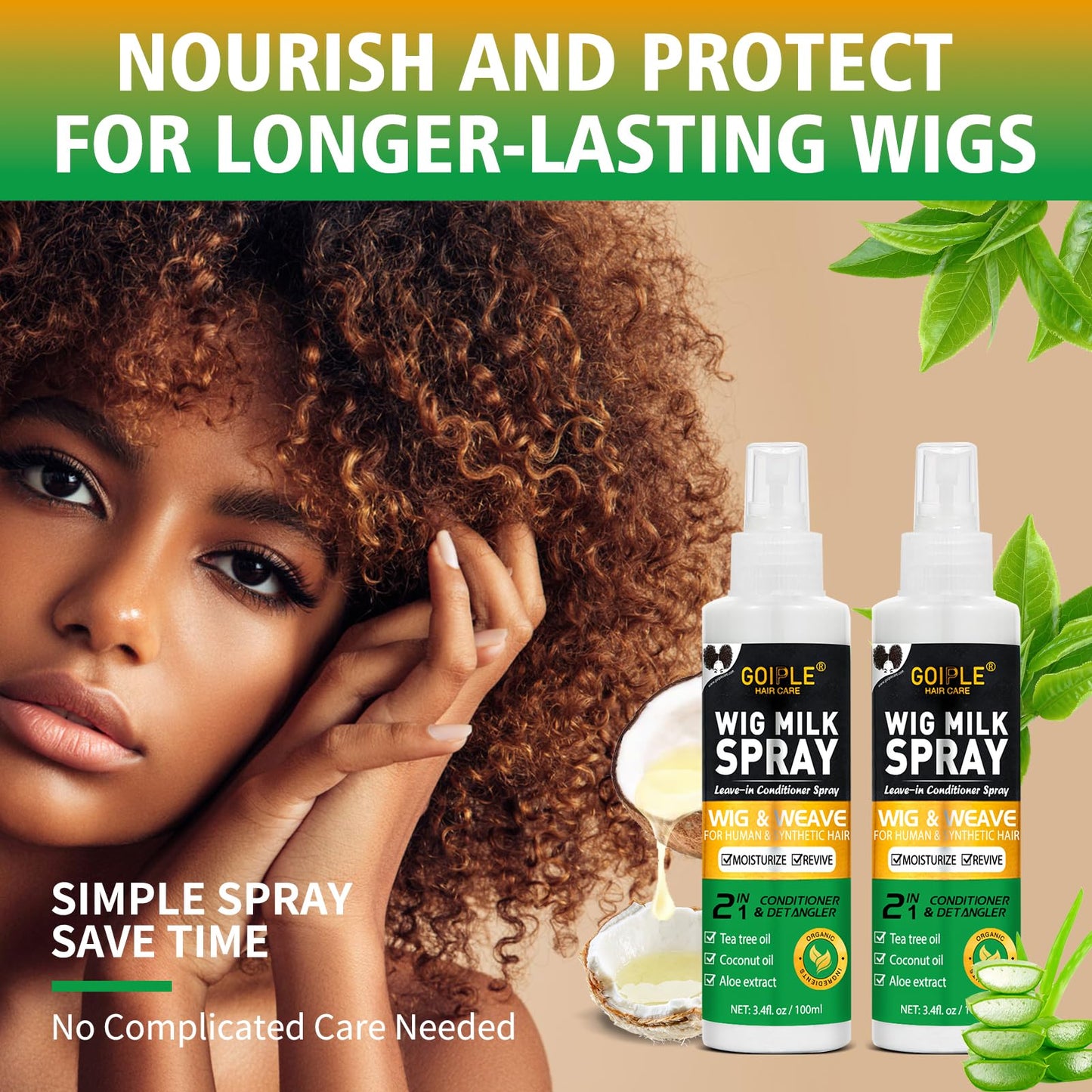 Goiple Wig Milk Spray Wig Spray for Synthetic Hair, Leave-In Conditioner for Hair Wigs, Conditioner ＆ Detangler 2 in 1 Moisturizer, Hydrates & Replenishes Synthetic Wigs Easy Combing (3.4 fl oz)