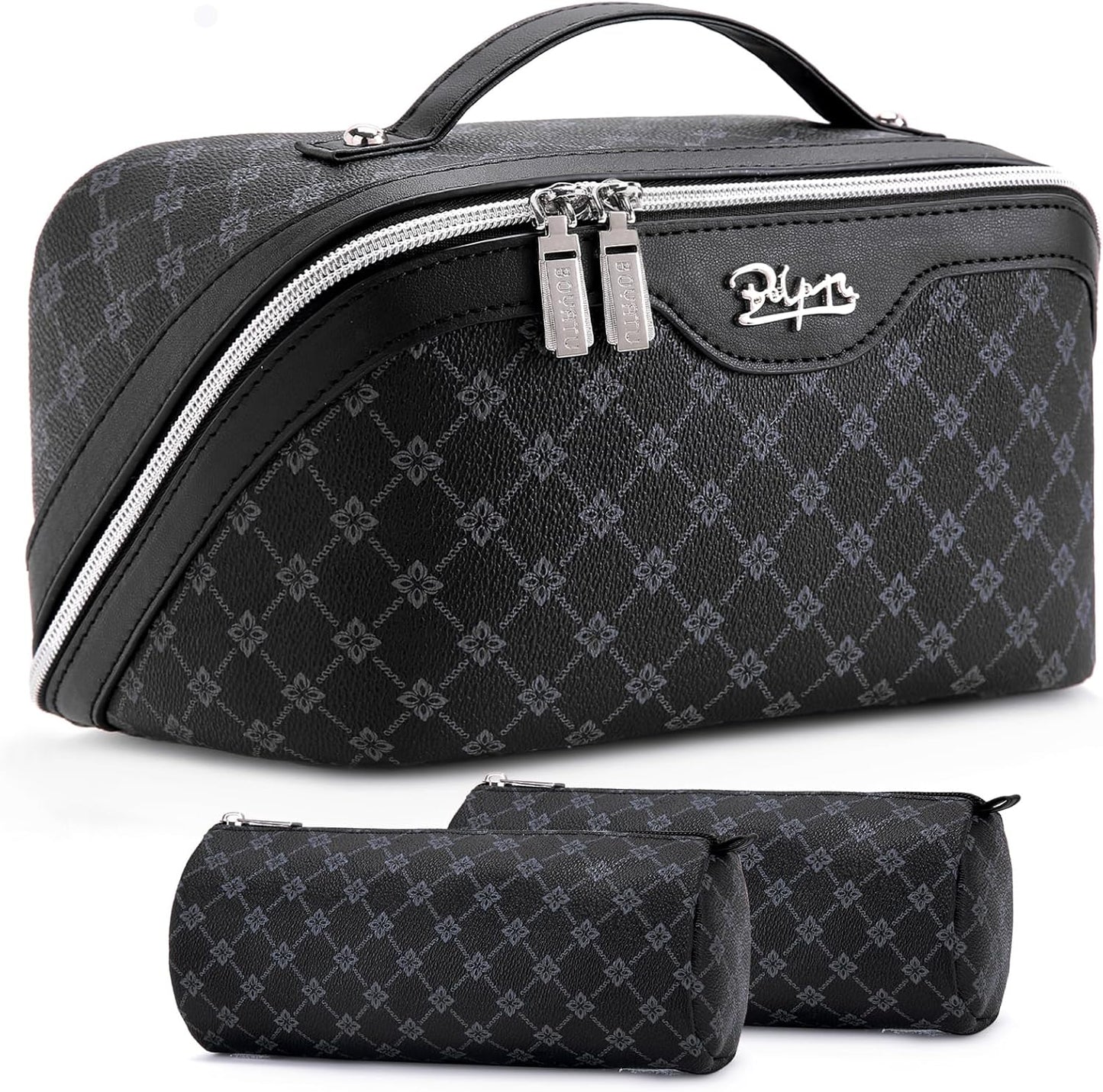 Travel Makeup Bag Set - Large Vegan Leather Cosmetic Organizer with Handle | 3 Pcs Portable Toiletry Bags in Coffee