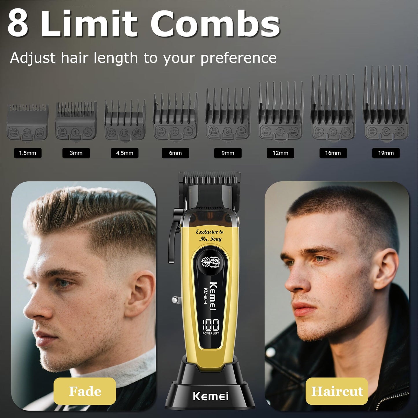 KEMEI 90-4 Professional Hair Clippers for Men, 11500 RPM Barber Clippers with LED Display, Cordless Hair Trimmer with DLC Blade & Charging Base, 2000 mAh Hair Clipper for Barbers Haircut Kit, Gold