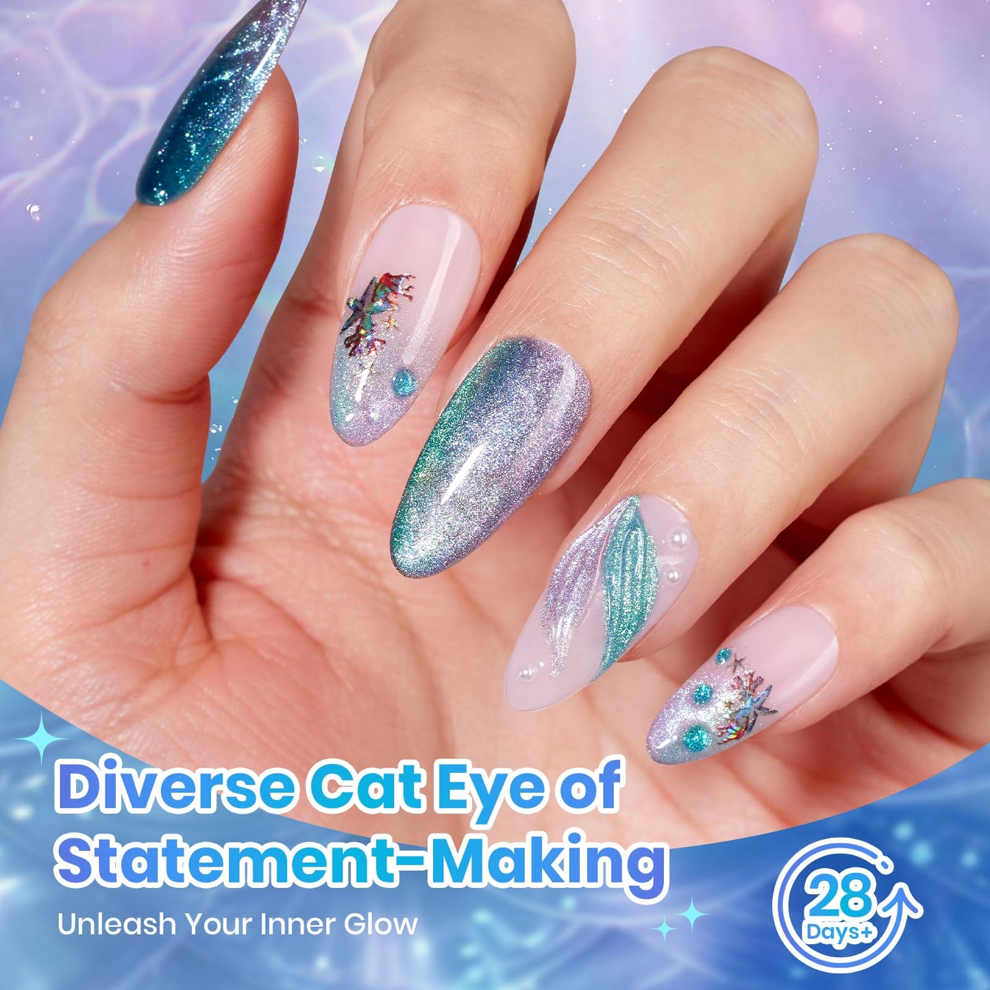 Beetles Cat Eye Gel Nail Polish Set - Lunar Mermaid 6 Colors Summer Gel Nail Polish Kit Glitter Blue Purple Navy Blue Teal Colors Magnetic Shine Soak Off UV Salon DIY Manicure Gift for Women