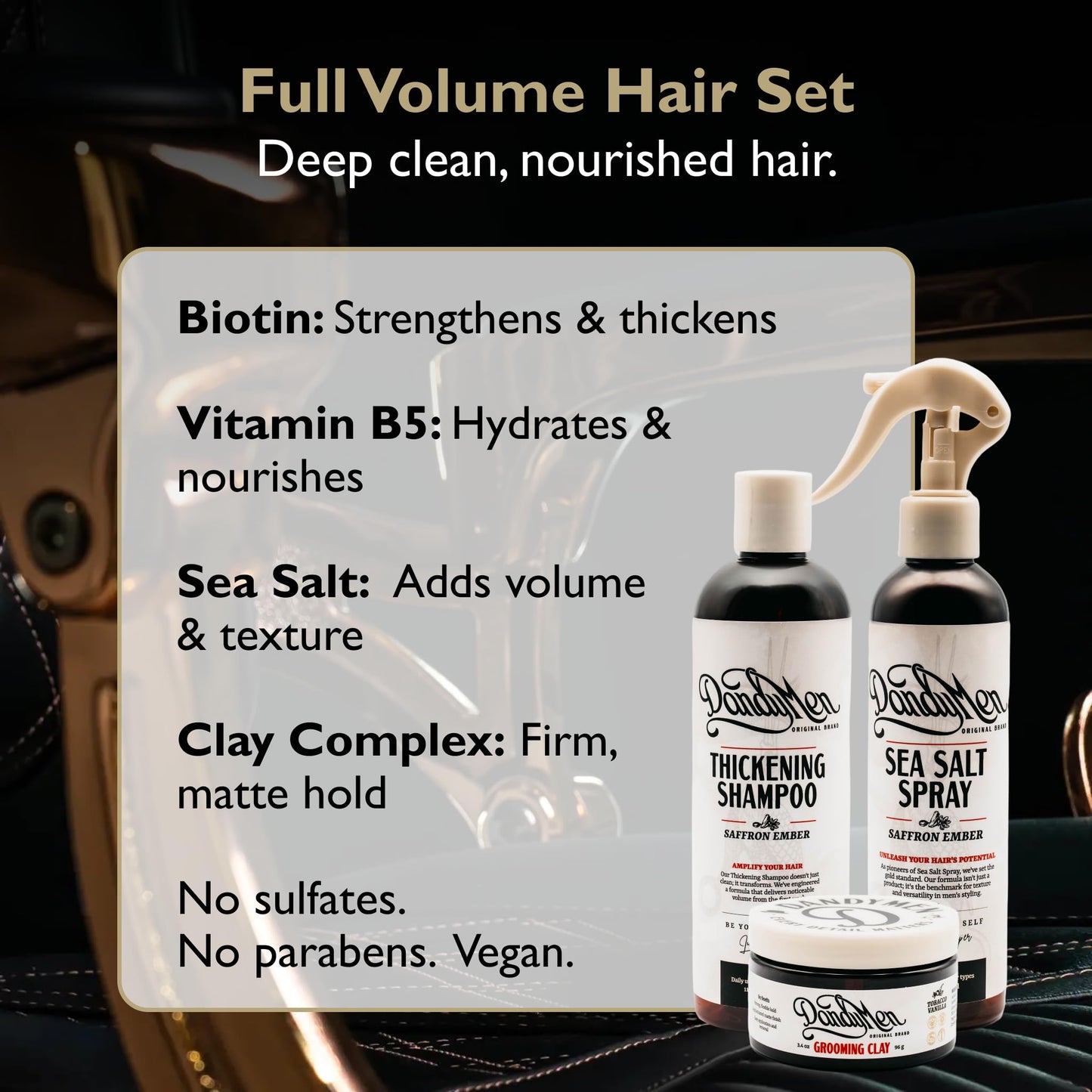 DandyMen Full Volume Hair Set for Men – Thickening Shampoo, Sea Salt Spray & Grooming Clay – 3-Step Styling Kit for Volume, Texture & Hold (Saffron Ember)