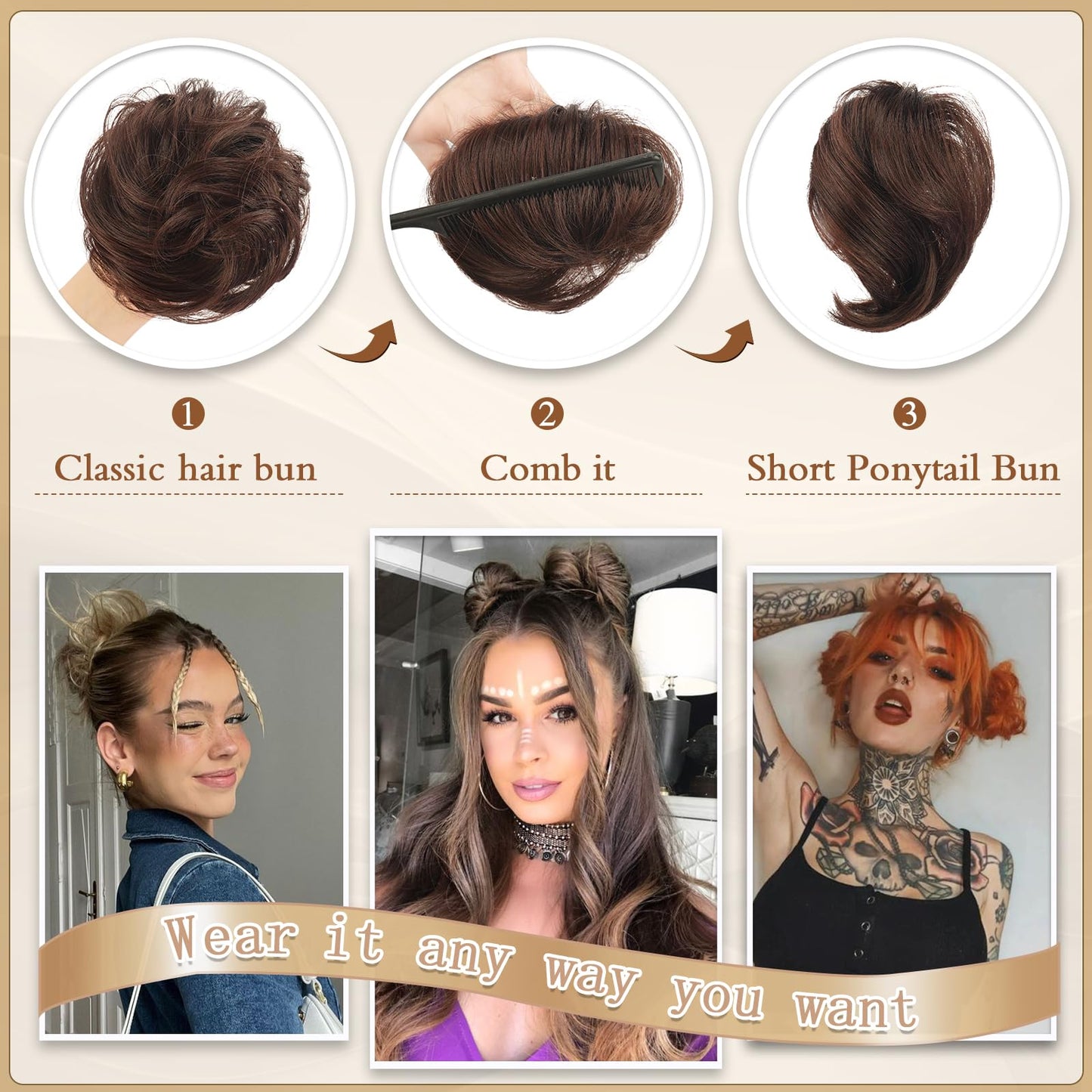 SOFEIYAN 2PCS Messy Bun Hair Piece Wavy Curly Chignon Extension Mini Messy Hair Bun Scrunchies Synthetic Donut Wig Accessory Updo Space Bun Hair Pieces for Women Girls, Brown&Light Auburn Mixed